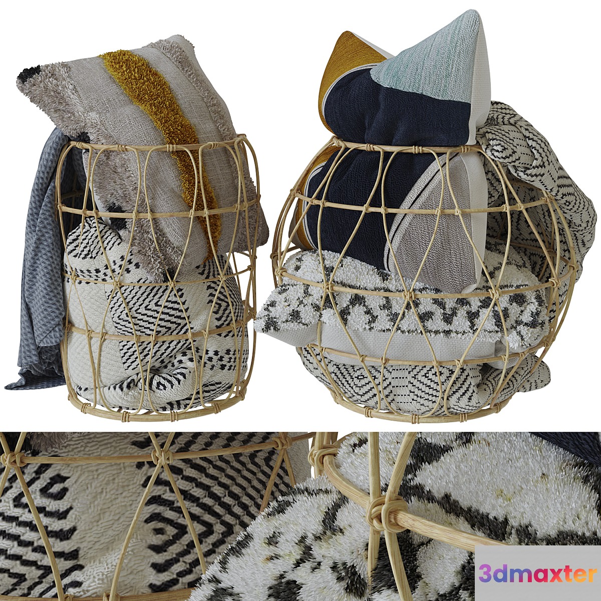 Bamboo basket with decorative pillows and a blanket