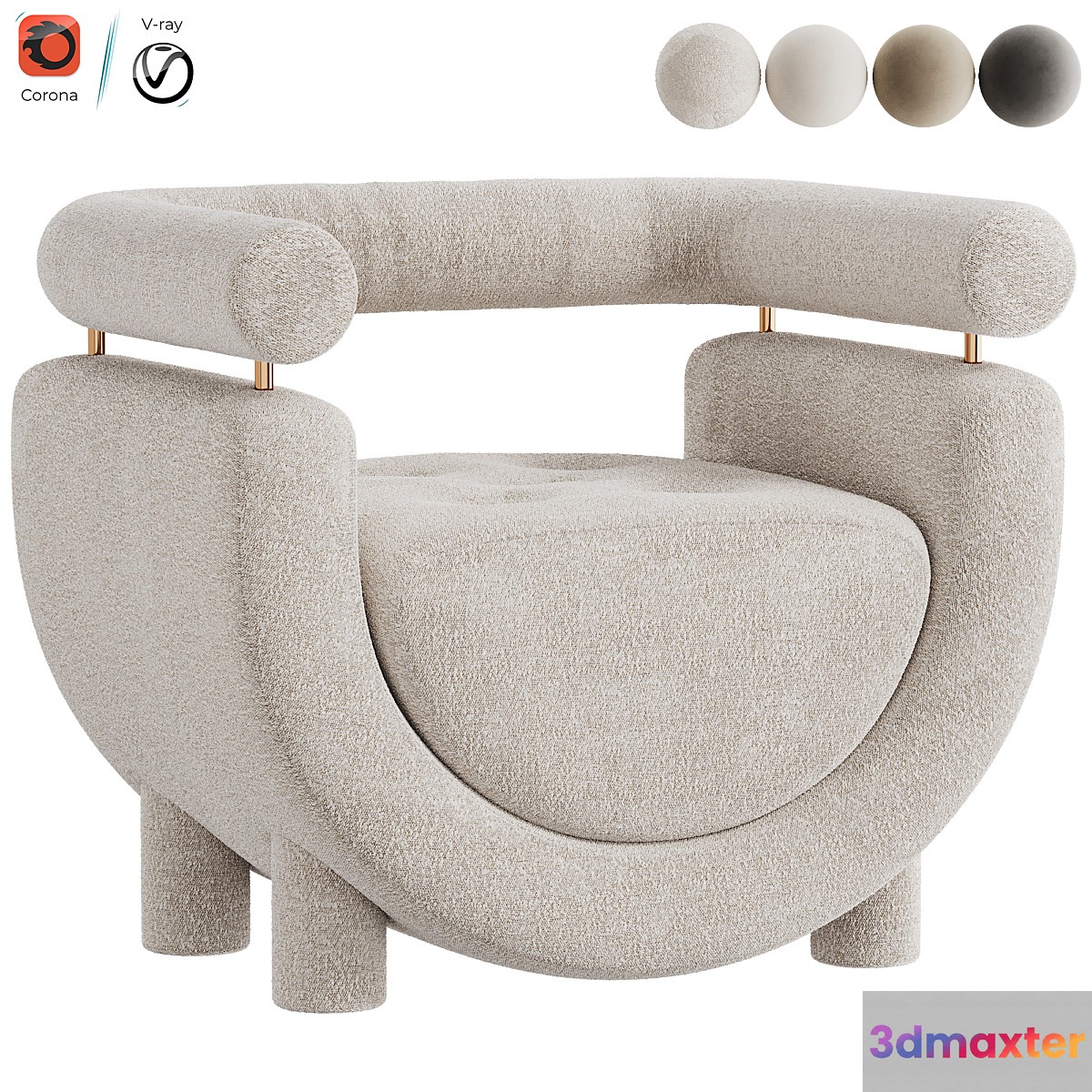 Mel Armchair Wood Brass Beige Jacquard Velvet Pearl Cotton Linen Boucle Fabric - No.2
