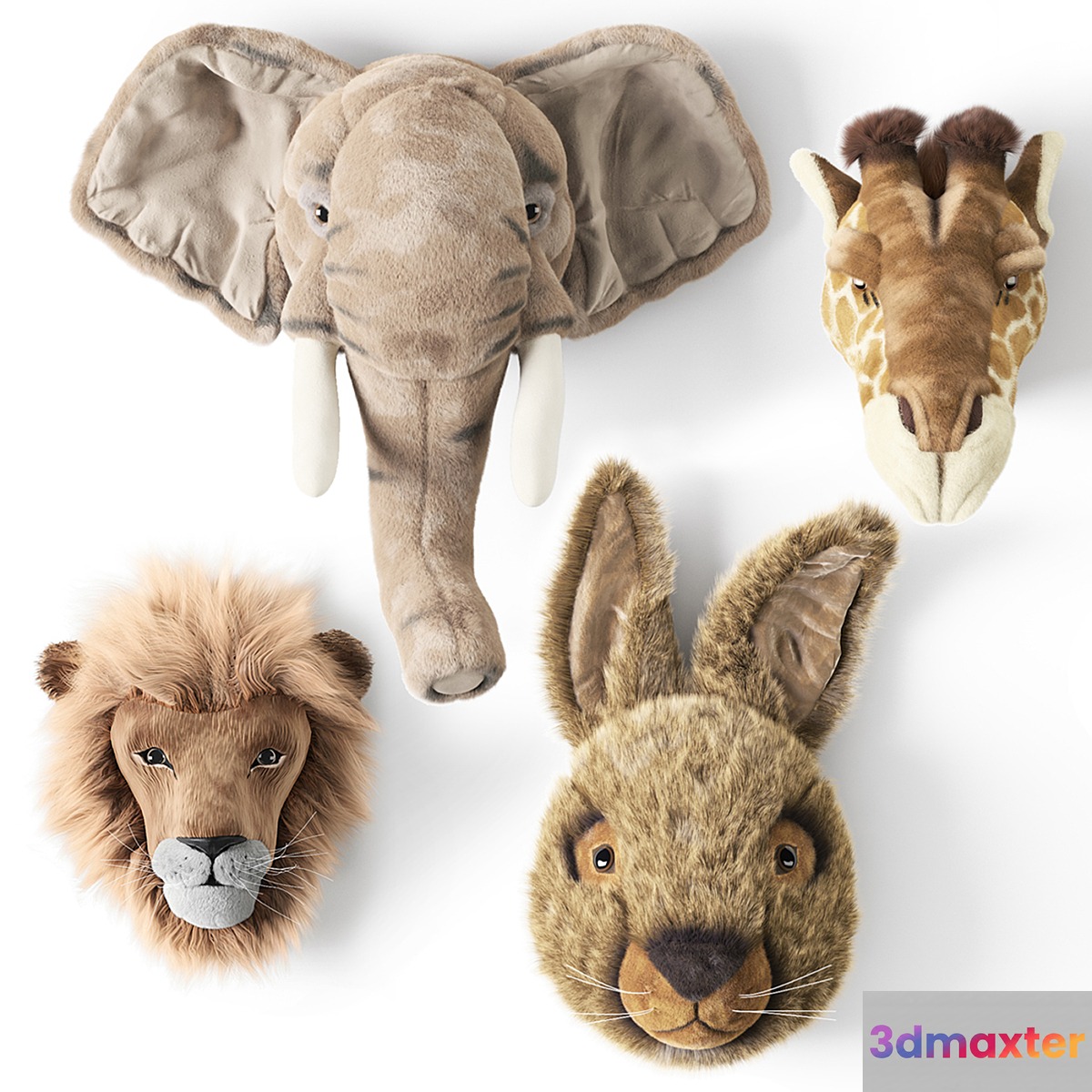ANIMAL HEAD WALL BUSTS Elephant Giraffe Hare Lion 3D Max