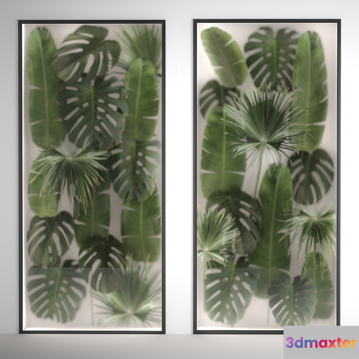 Phytowall and phytobox made of banana palm branches and fan palm leaves in a niche behind a translucent stack. Bouquet 286. 3D Max