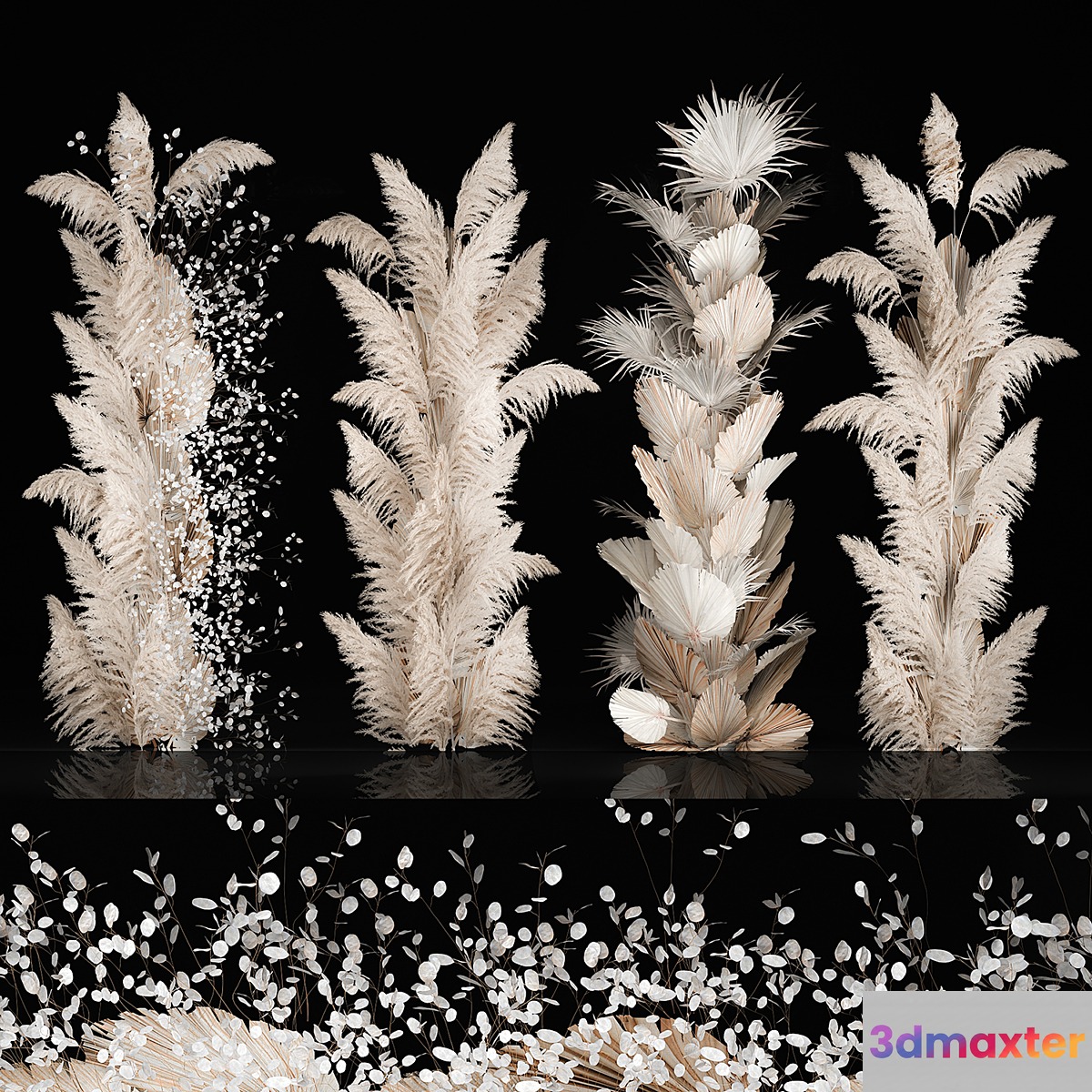 Wedding decorations from columns of dried flowers and pampas grass Cortaderia moonflower dry palm branch. Bouquet 289. 3D Max