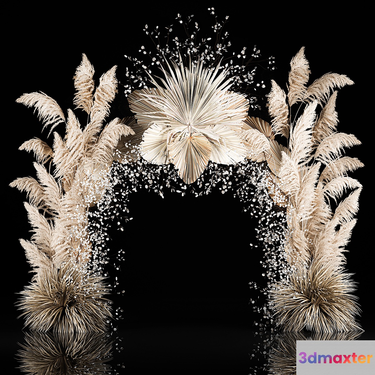 Eco-style wedding arch made of dried flowers and pampas grass Cortaderia moonflower dry palm branch. 5 3D Max