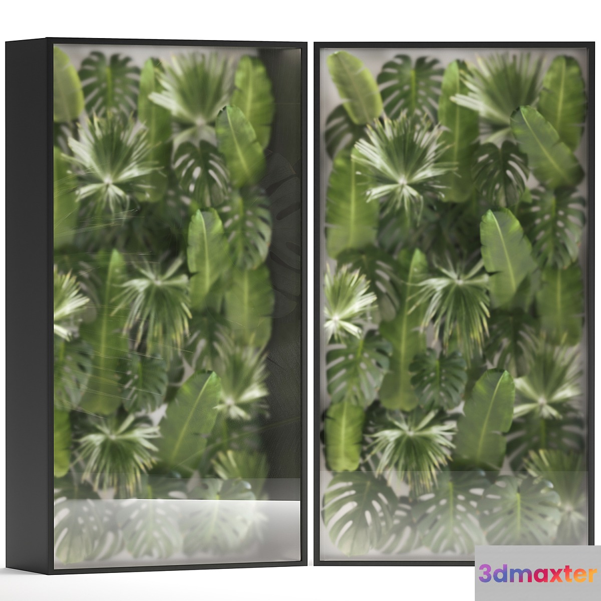 Phytowall and phytobox made of banana palm branches and fan palm leaves in a niche behind a translucent stack. 70. - No.2