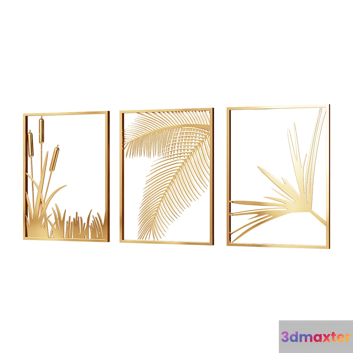 Wall Picture 3 Pieces Modern Gold Metal Wall Decor Plant Art with Rectangle Frame Wall Decor