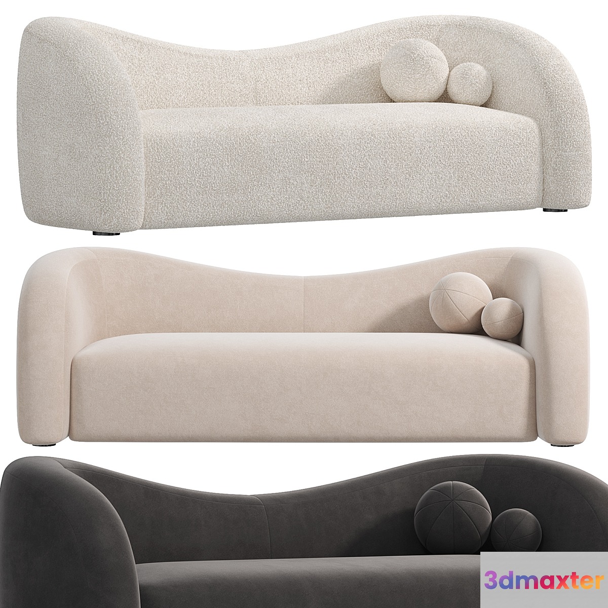 Boucle Upholstered Curved 2 Seater Sofa for Living Room - No.2 3D Max