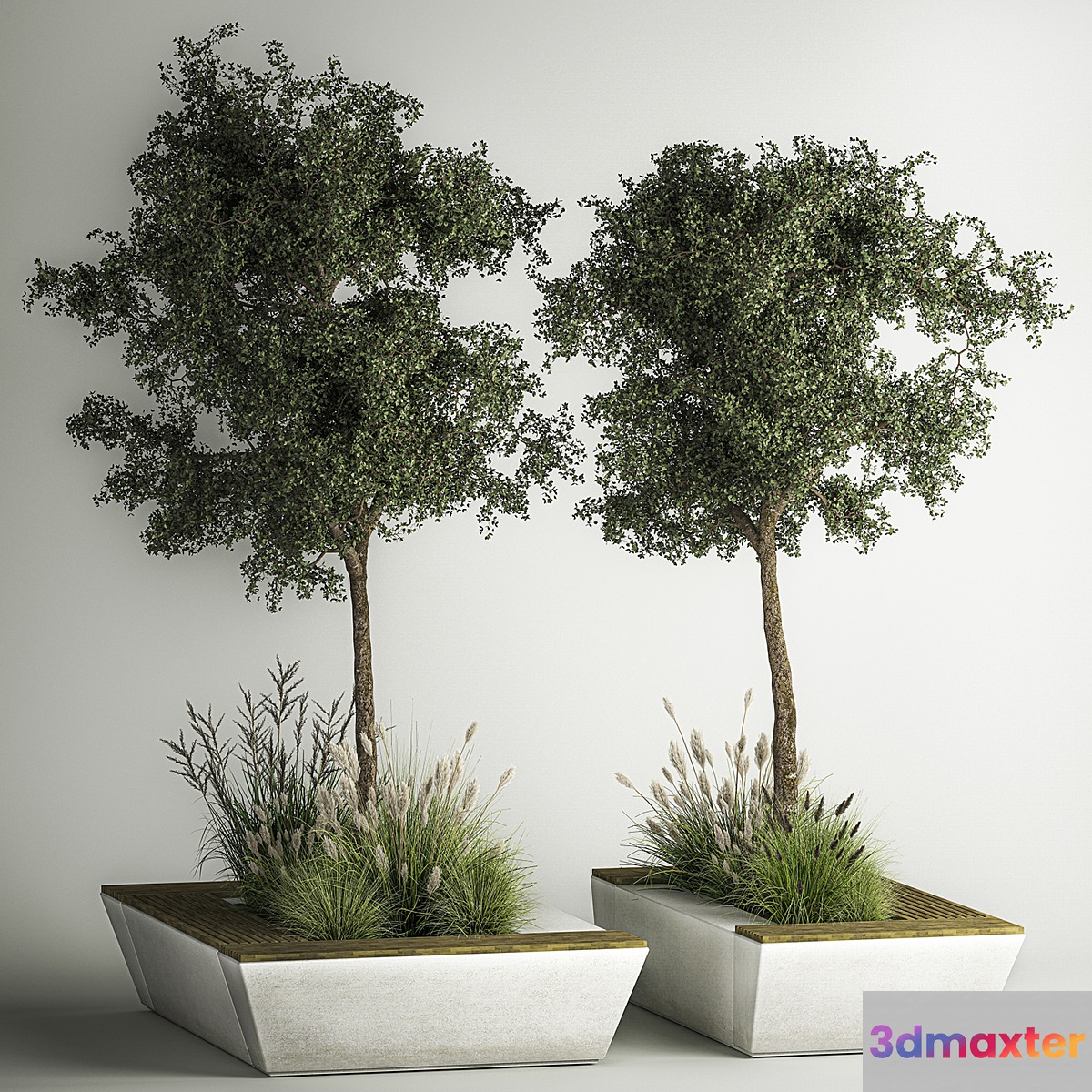 A collection of trees and bushes in flowerpots and a bench for interior and exterior decor shopping center. 1129 3D Max