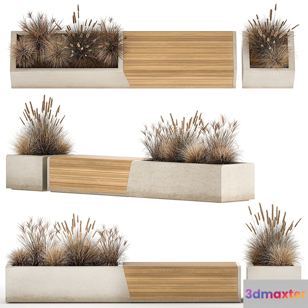 Bench flowerbed for the urban environment in a concrete flowerpot with bushes of reeds and dried flowers dry grass. 1142. - No.2