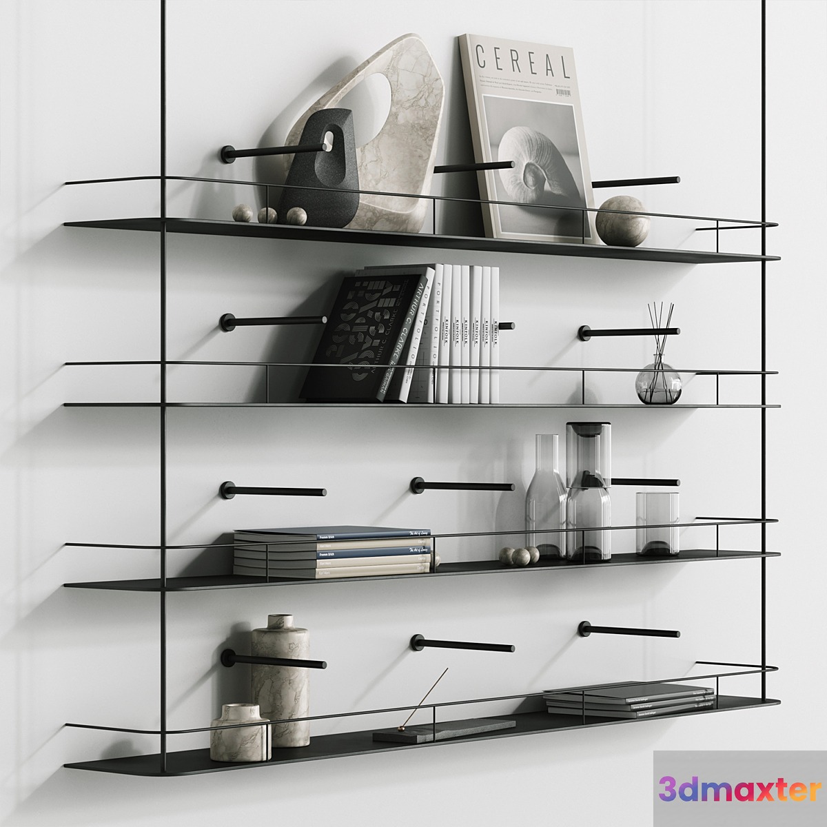 Metal minimalistic bookshelf with decor