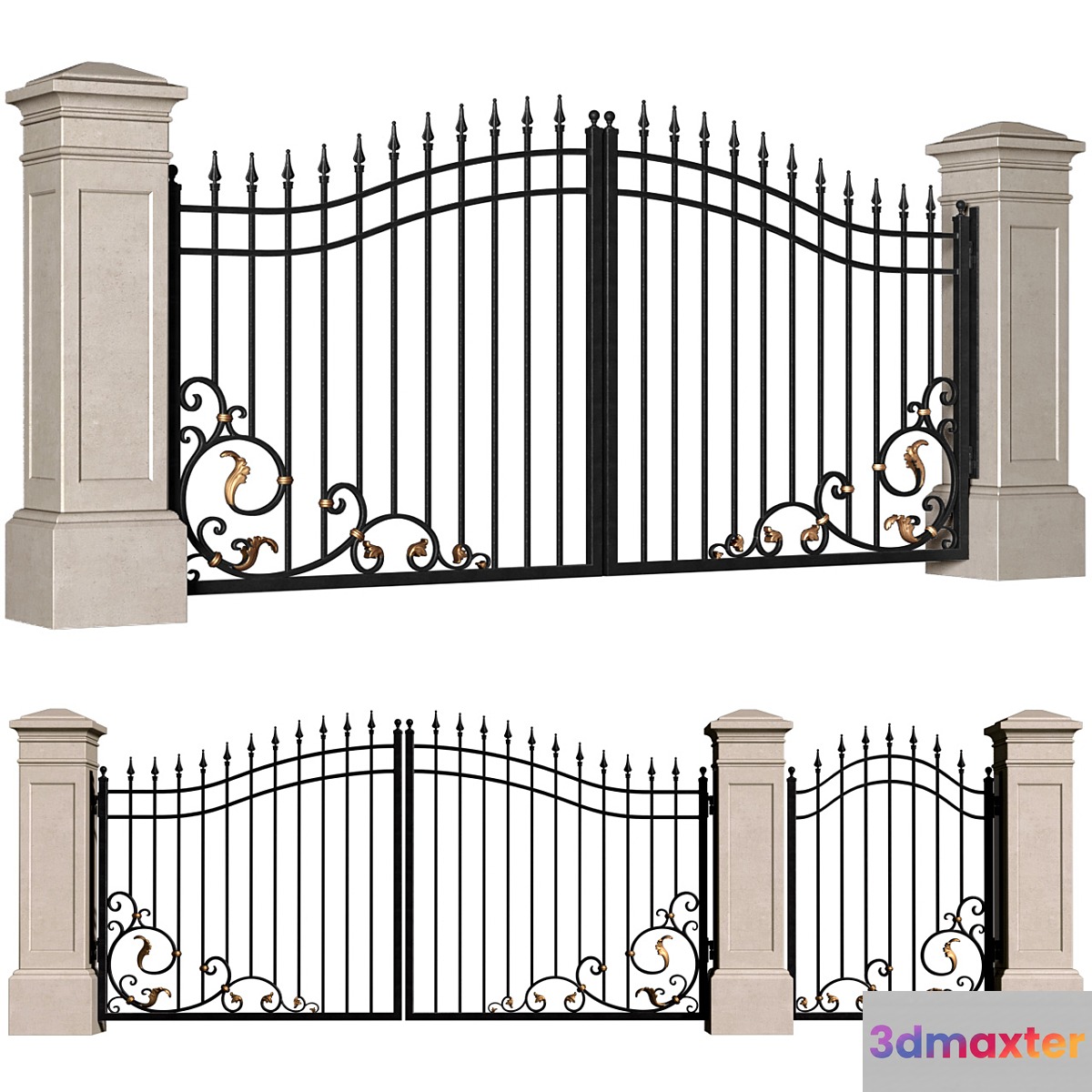 Forged gates in a classic style.DUAL Entrance Driveway Fence Iron Gate set 3D Max