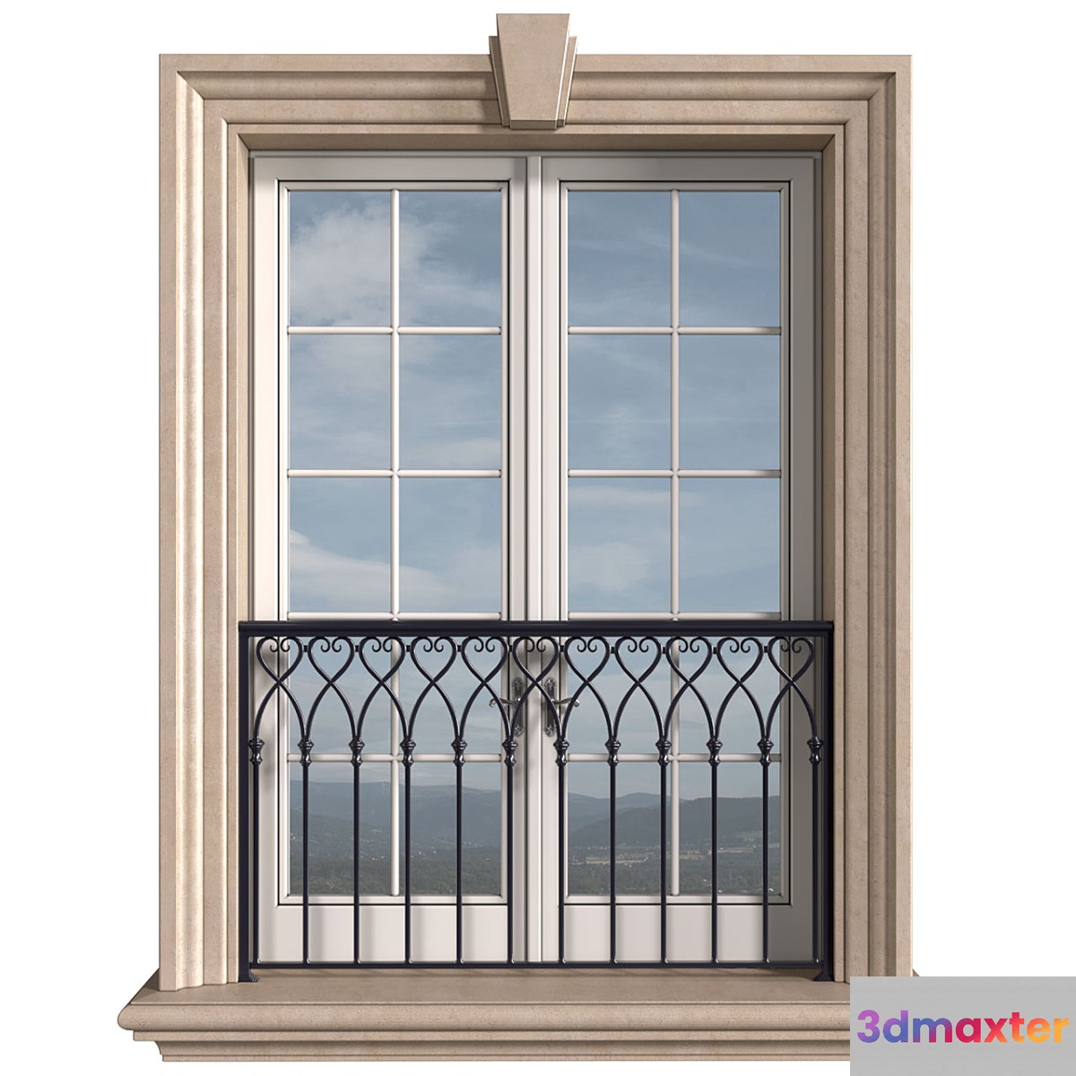 Classical front window with a French balcony.Classical Forged Fence. frame window 3D Max