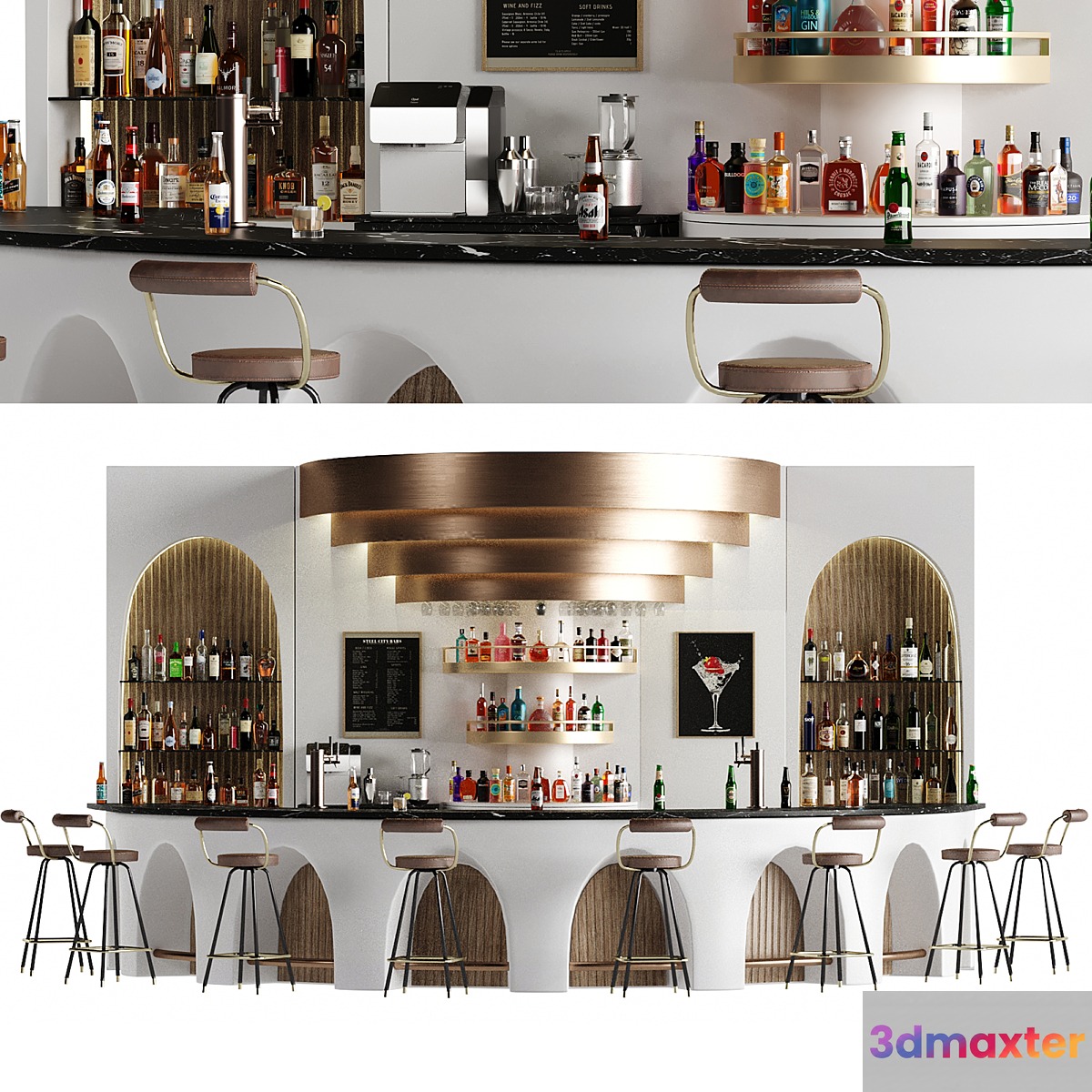 Bar 14 Curve Bar (110 Bottles + Bar Objects) 3D Max