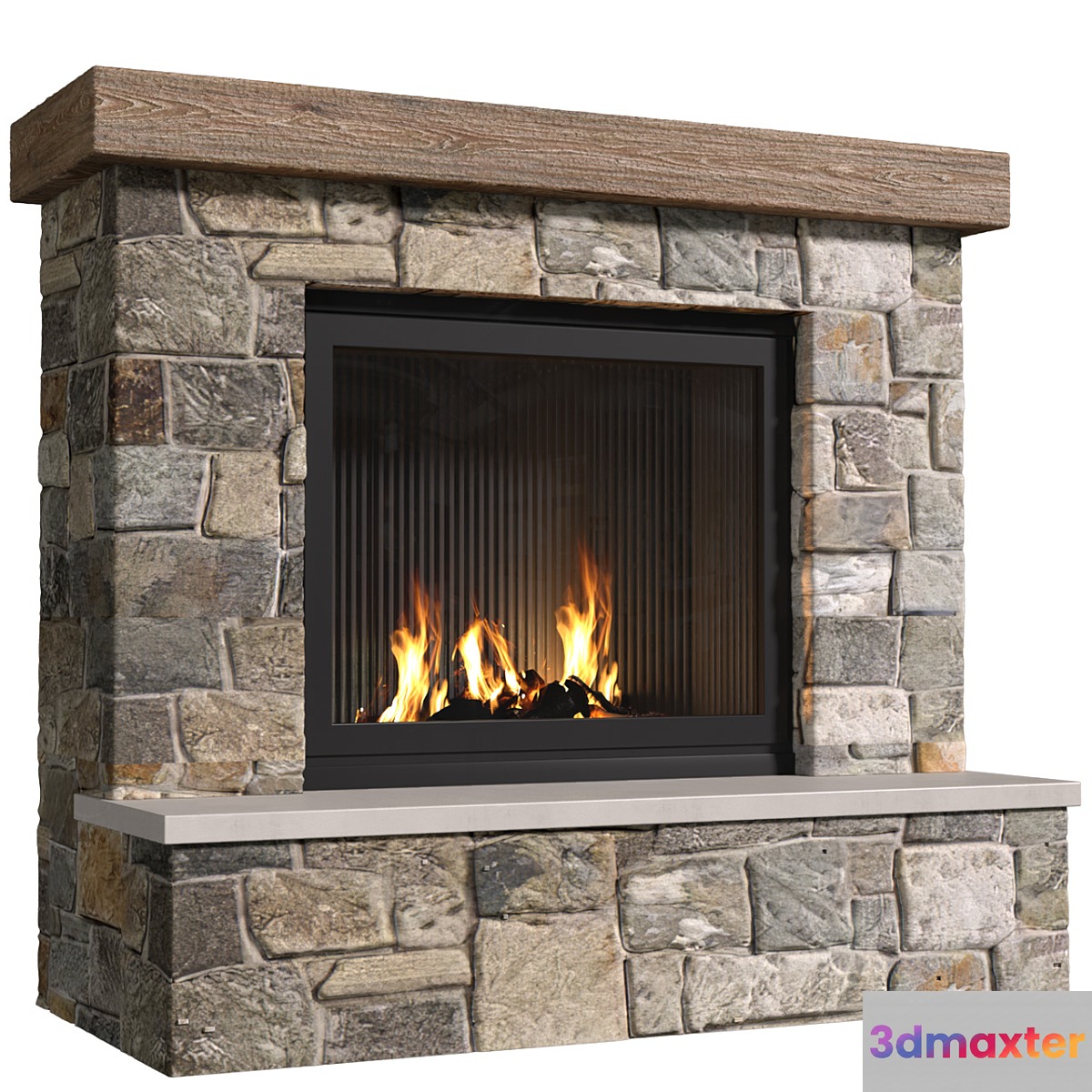 Classic stone fireplace in country style. .Classic stone Country style fireplace.Stonework.Rustic Fireplace Mantel 3D Max