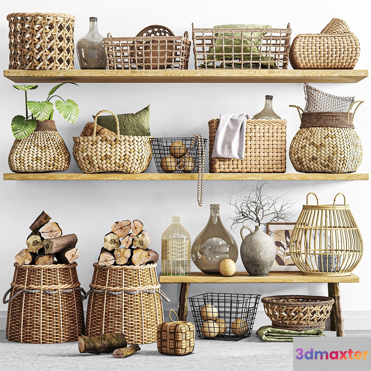 Wicker baskets set in boho style
