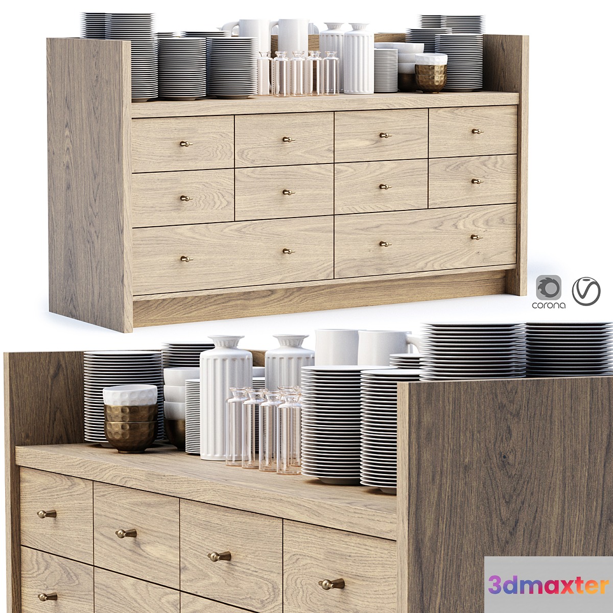 Mira restaurant cabinet with dishes V1 _ Wooden sideboard with dishes 3D Max