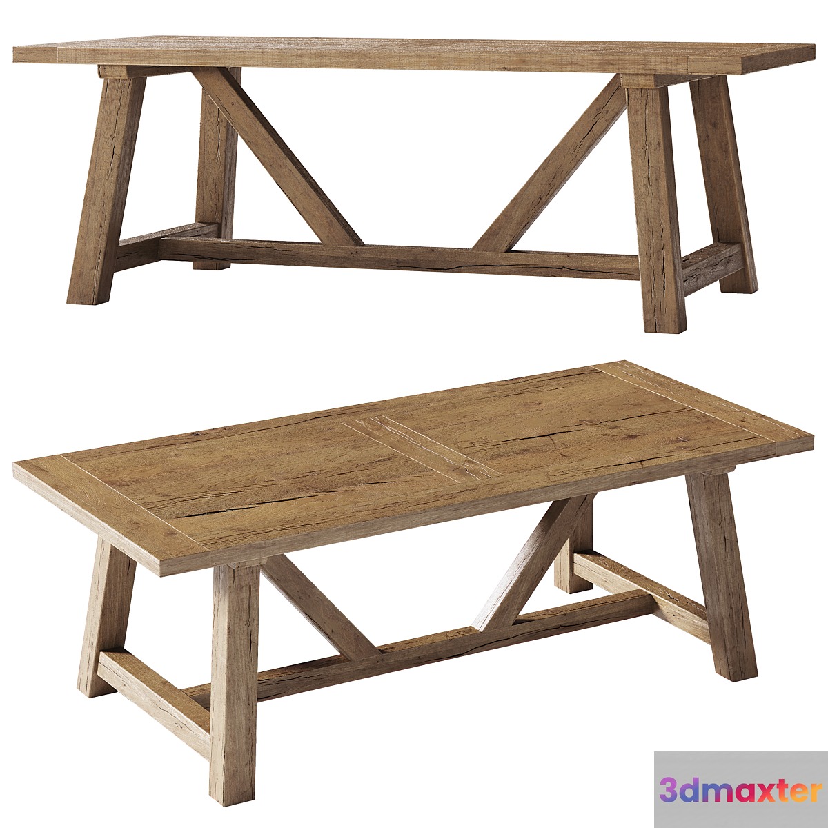 Reclaimed Russian Oak Trestle Rectangular Dining Table 3D Max