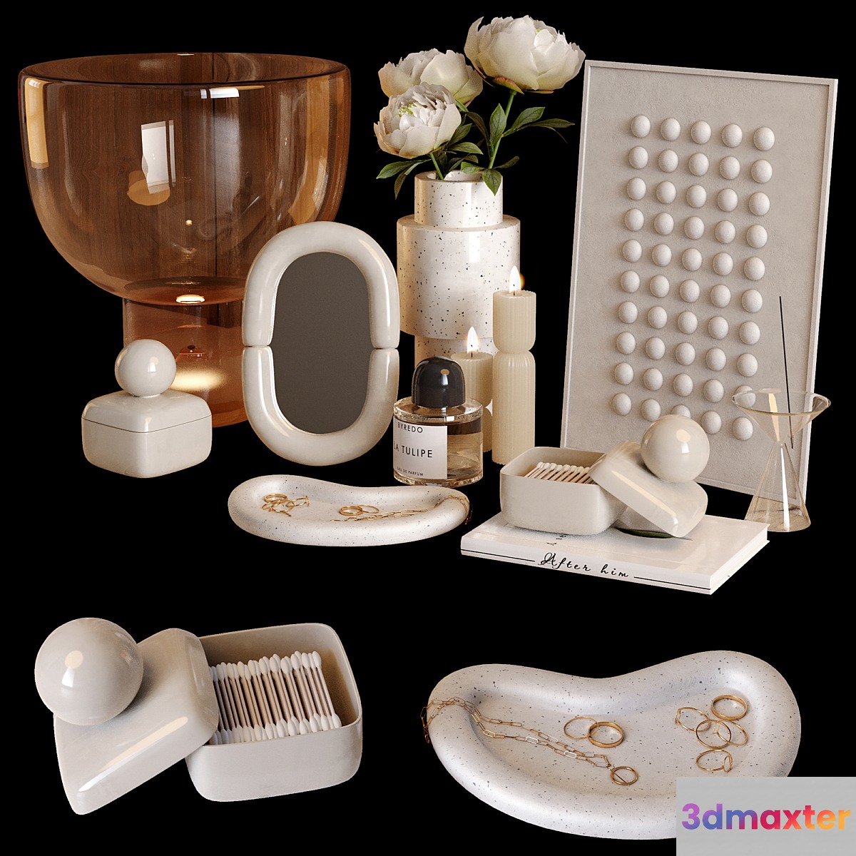 Beige decor set with peony flowers 3D Max