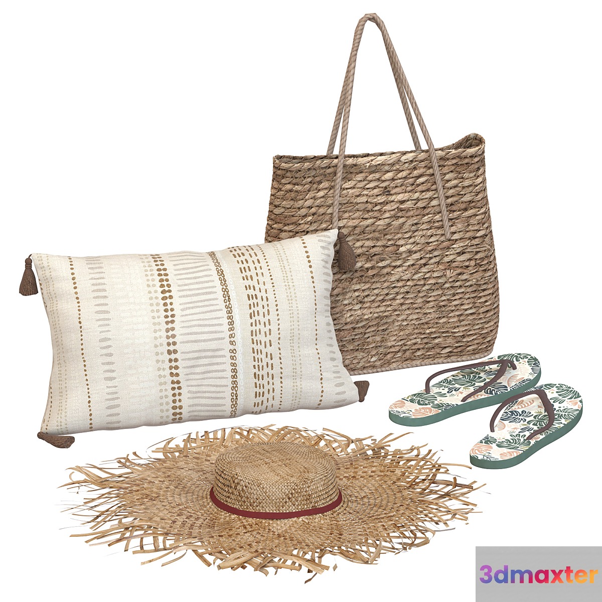 Boho style beach accessory set with hat and slippers