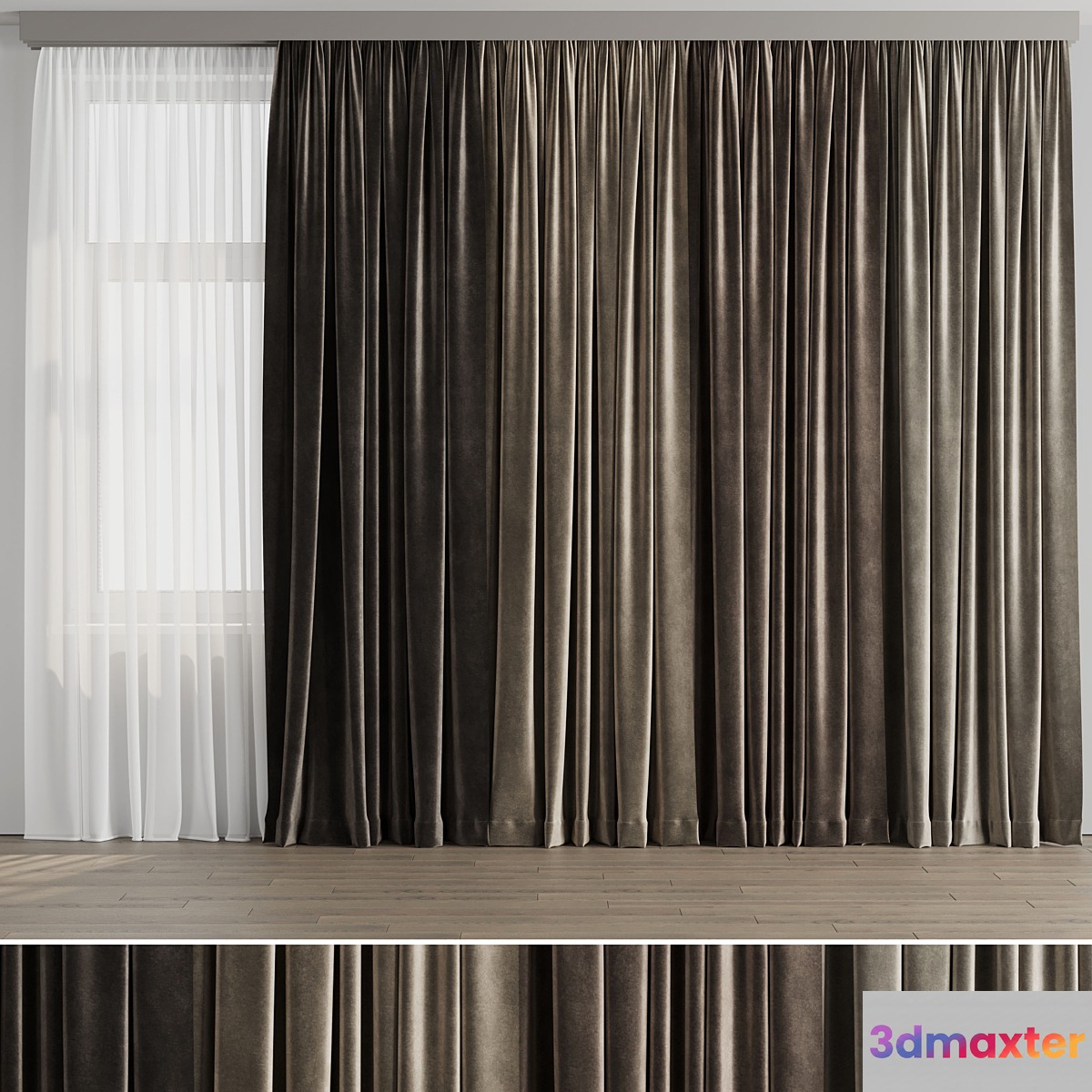Curtain with rod 001 brown curtain HBH 3D Max