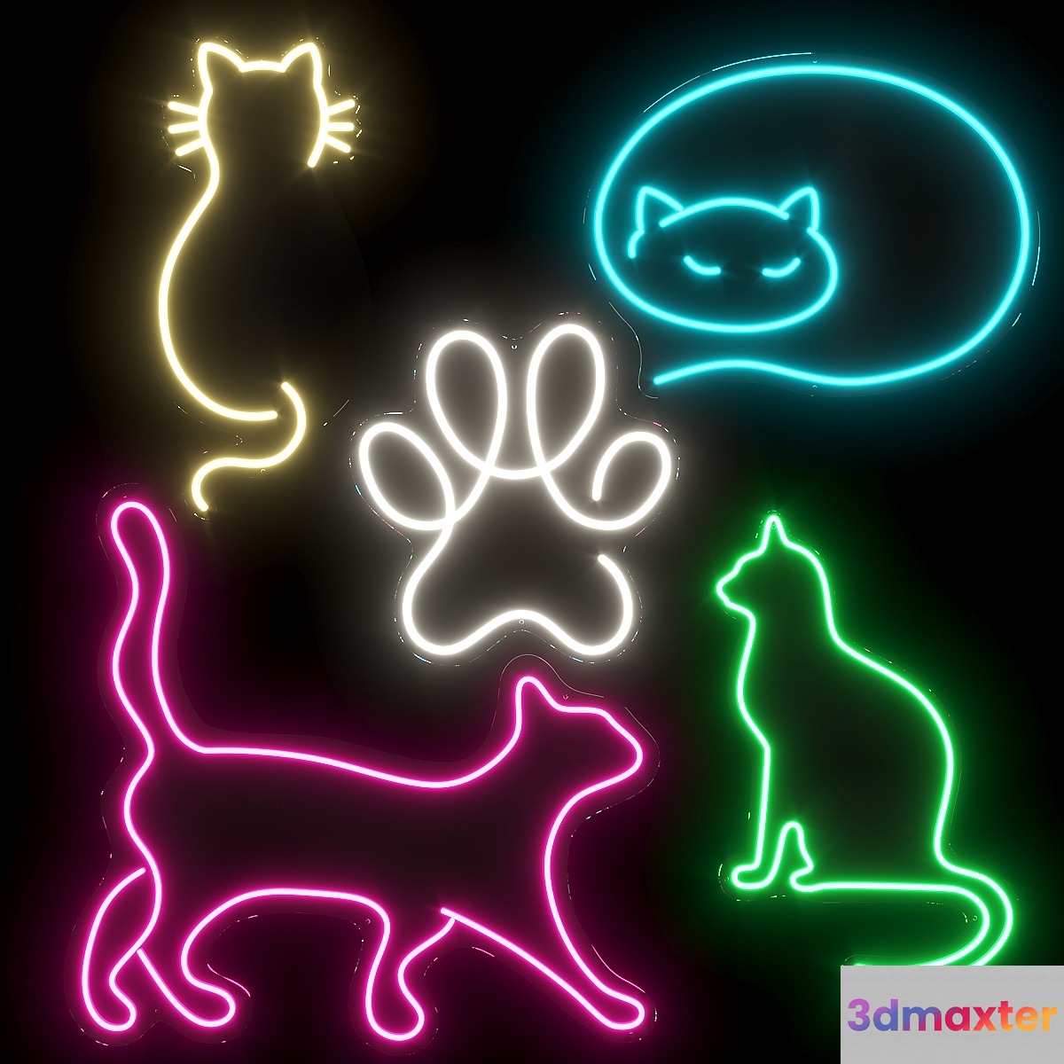 Set of neon lights Cats 02 3D Max