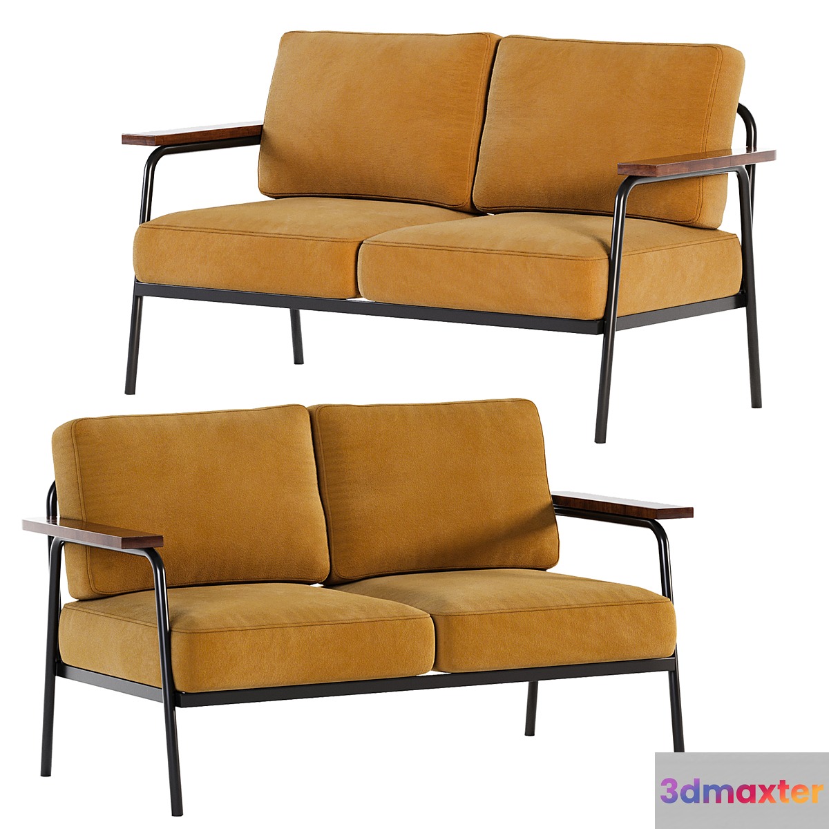 Mid Century Modern Loveseat with 2 Pillows Back and Square Arms - No.2