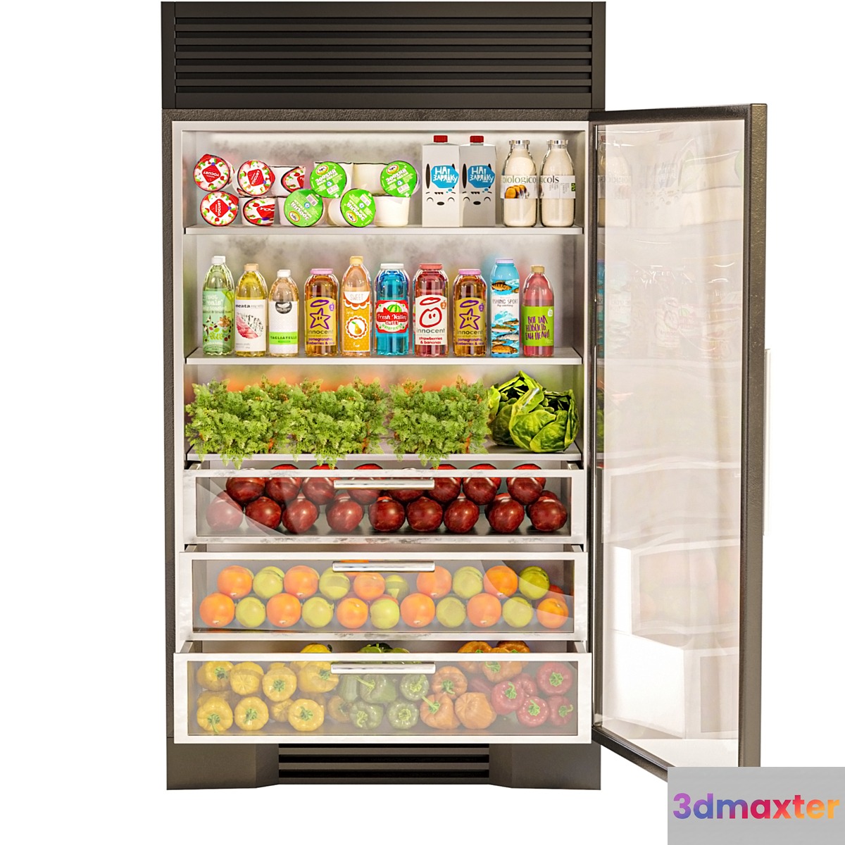 Refrigerator with groceries in the supermarket