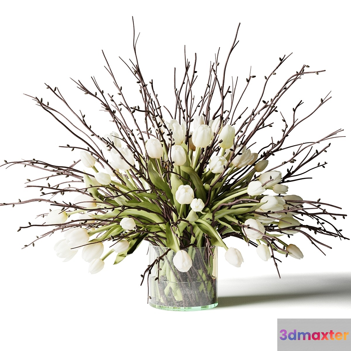 Bouquet of white tulips and branches in a glass vase