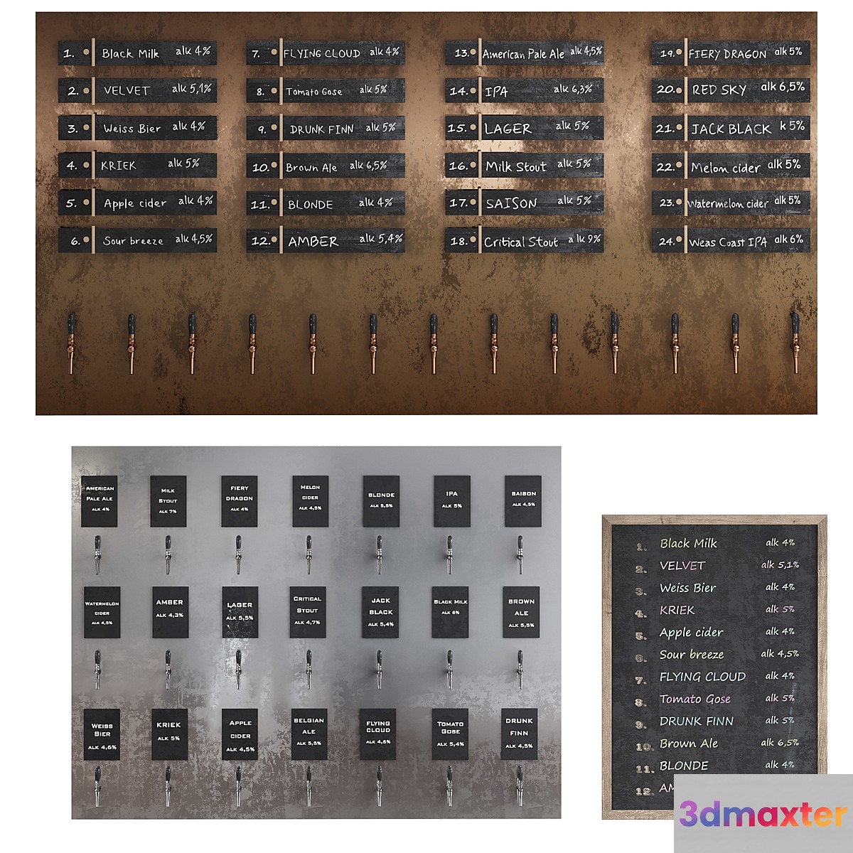Beer menu on taps 3D Max