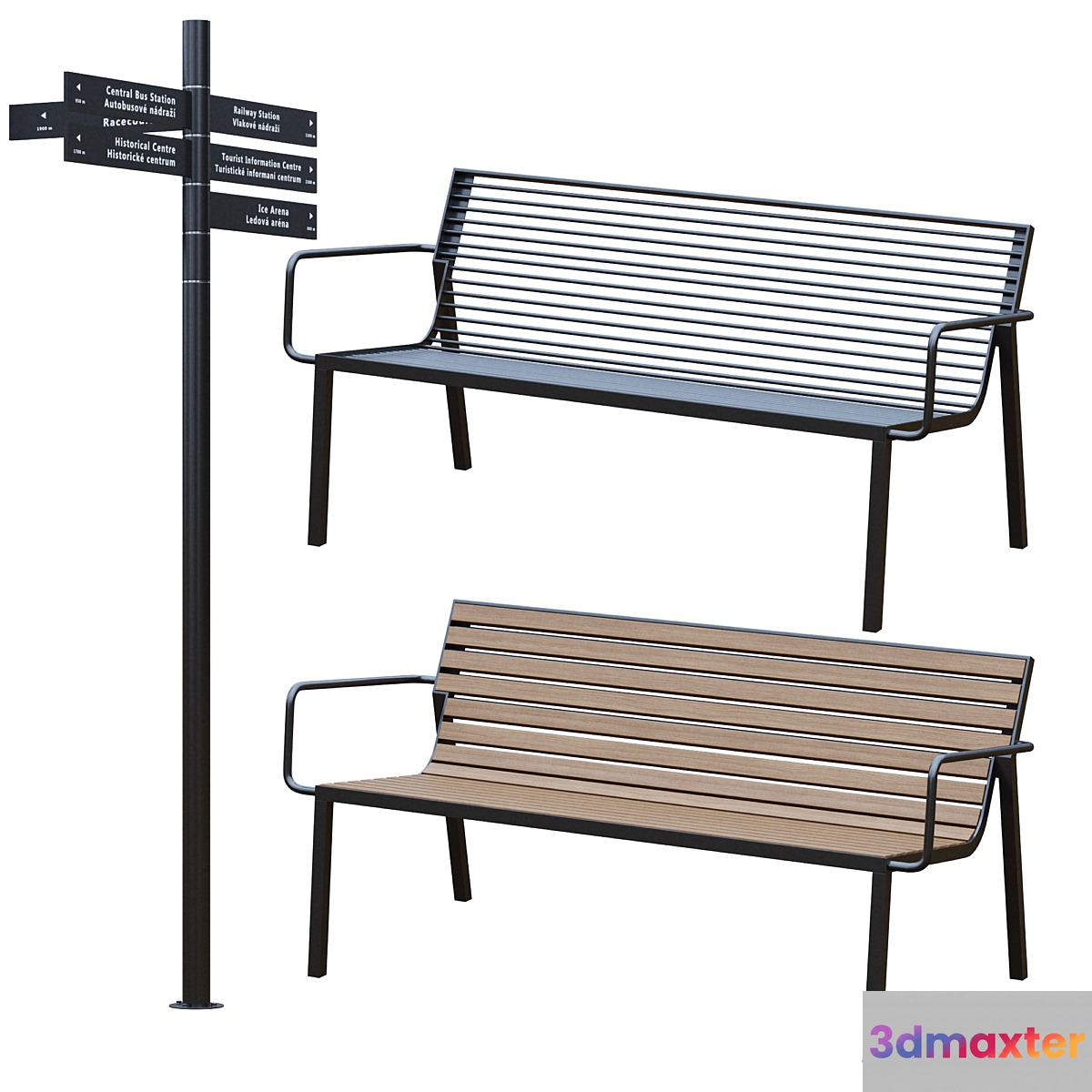 Park Benches Urn and Direction Signs by mmcite 3D Max