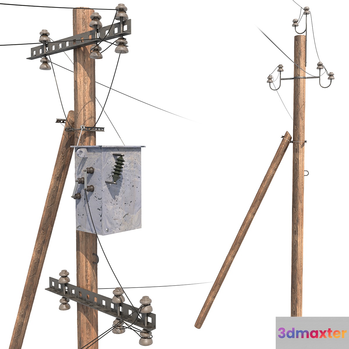 Wooden electricity transmission poles with wires 3D Max