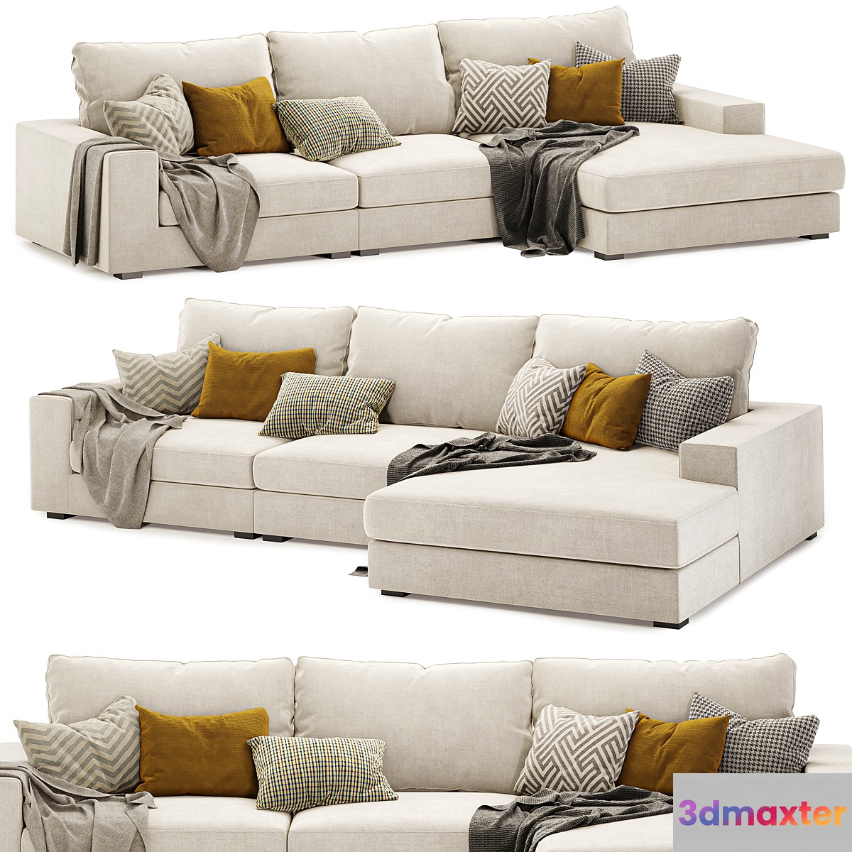 Vedori Upholstered 3-Seaters Quartz Corner Sofa 3D Max