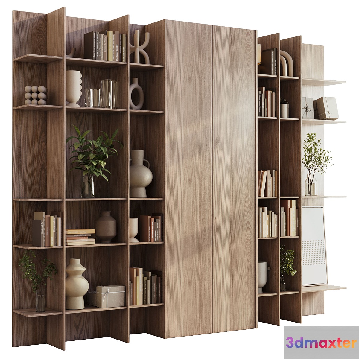 wooden Shelves Decorative With Plants and Book - Wooden Rack 09 3D Max
