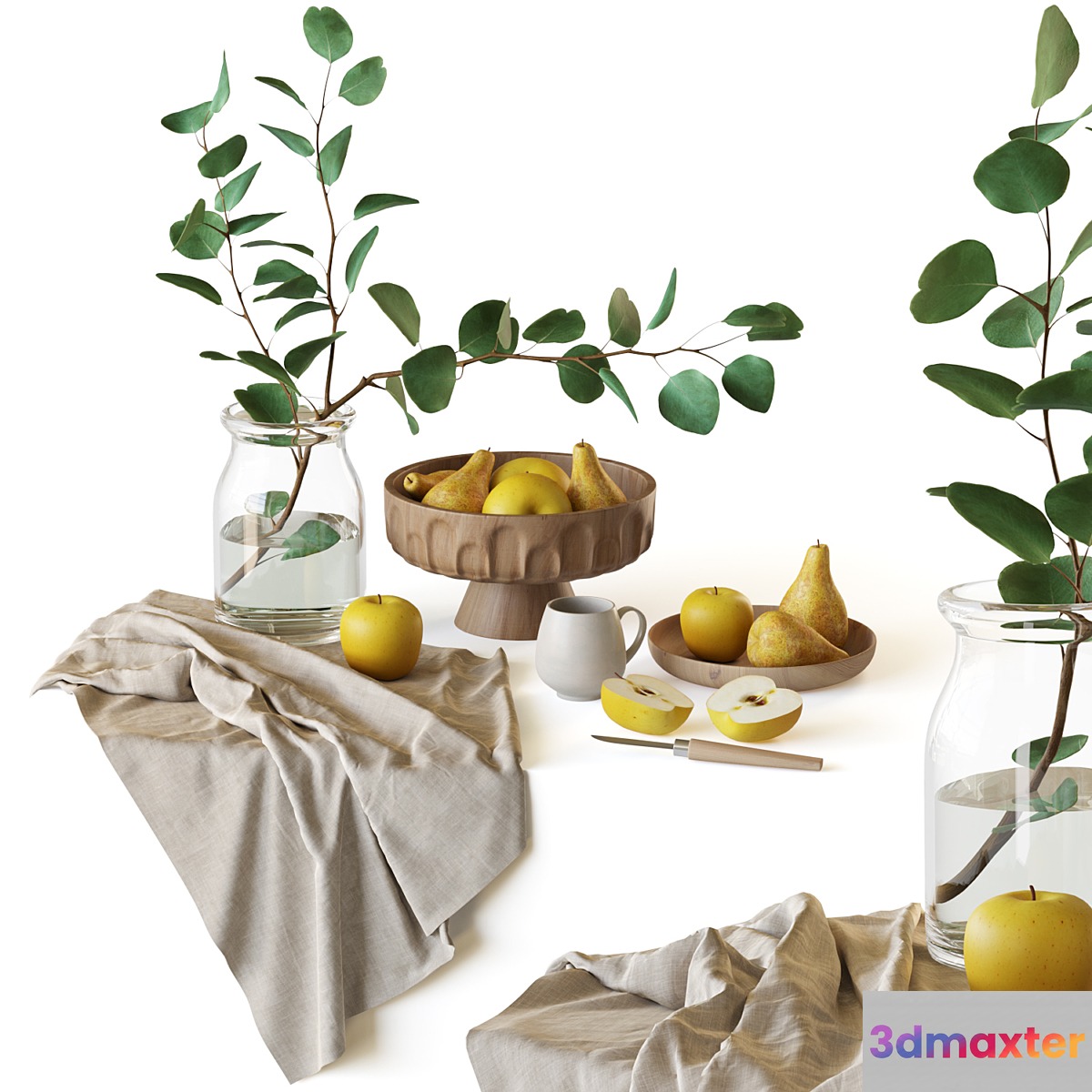 Decorative set with fruits and eucalyptus branch 3D Max