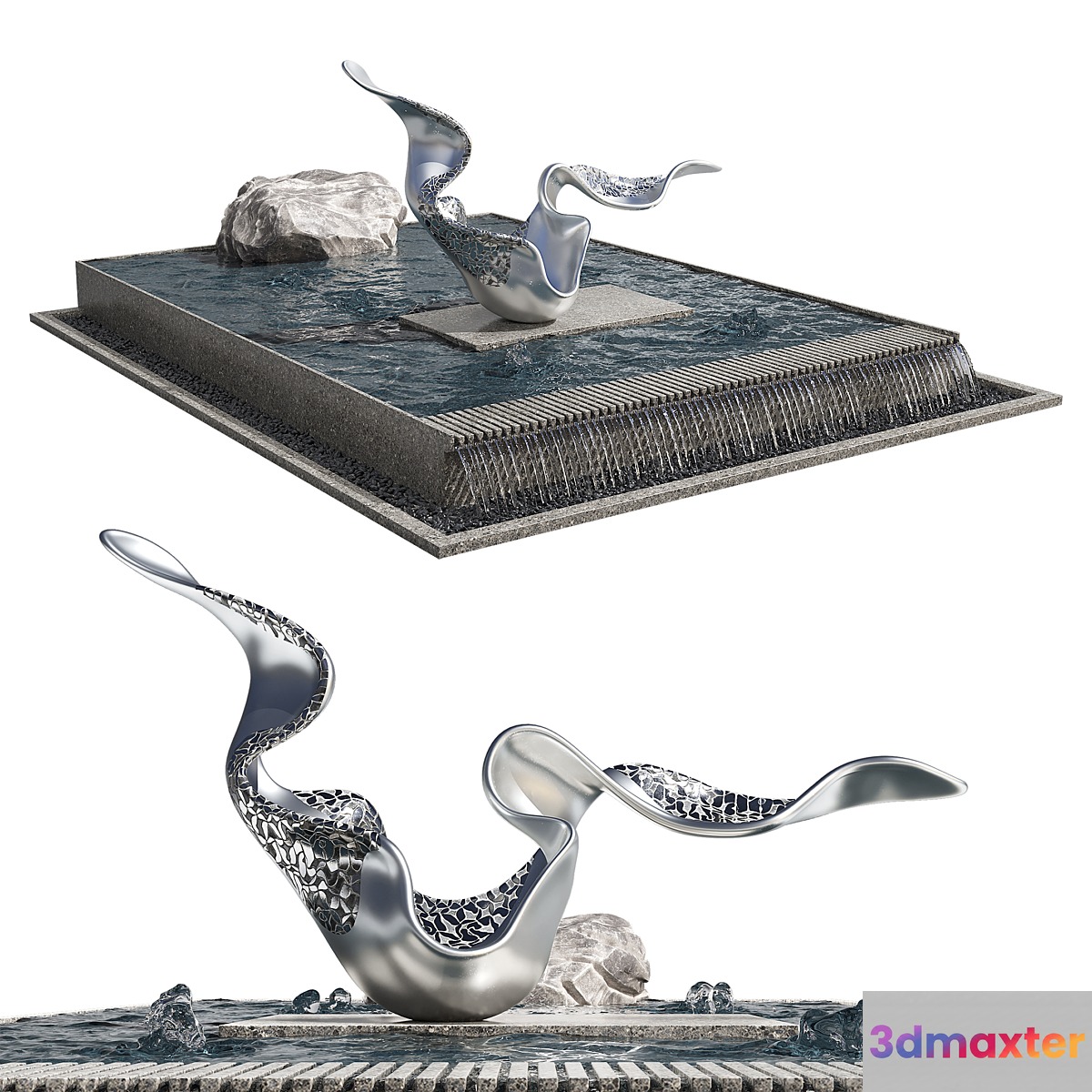 Pond with rock & sculpture 3D Max