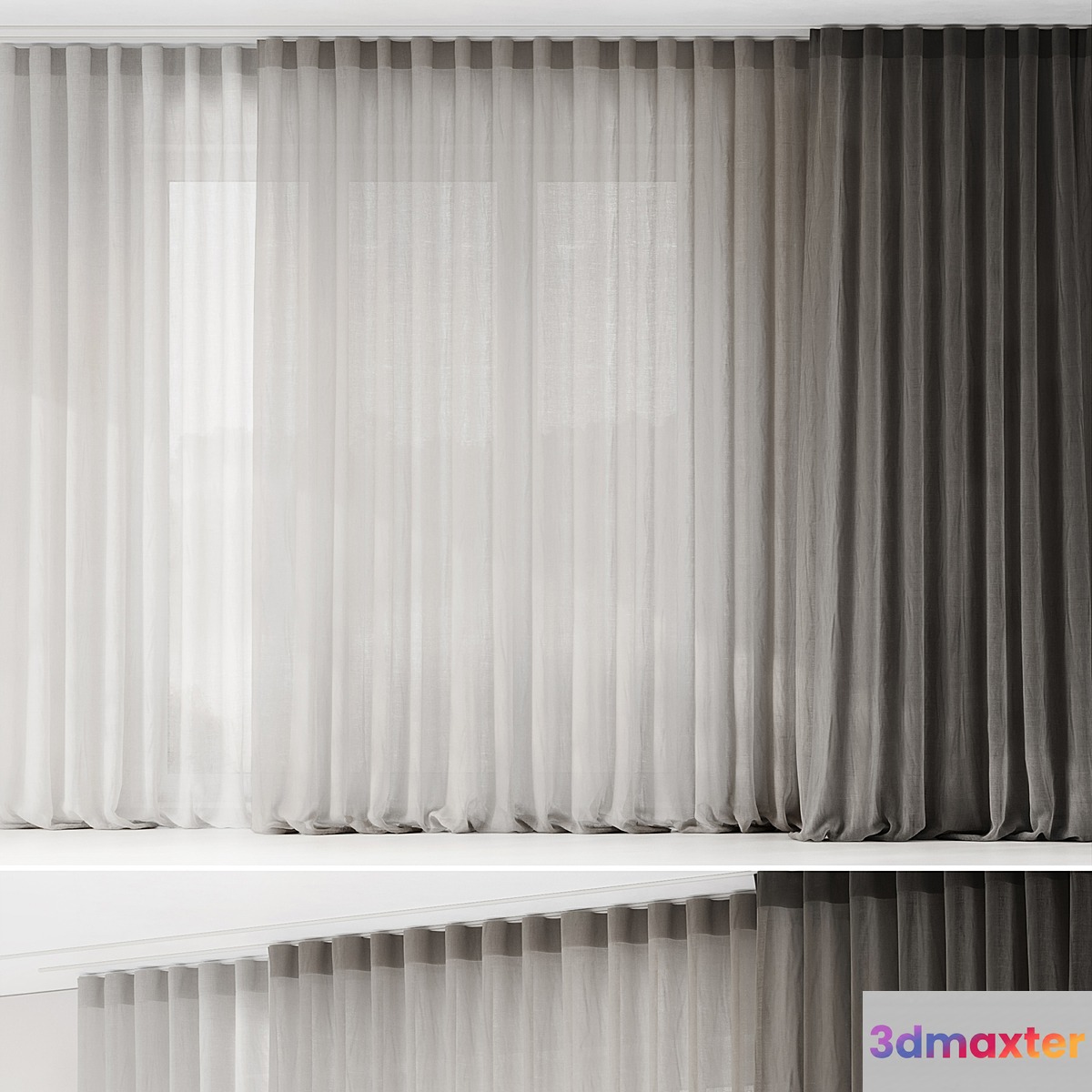 Curtains with folds on the floor of fine linen on the ceiling cornice