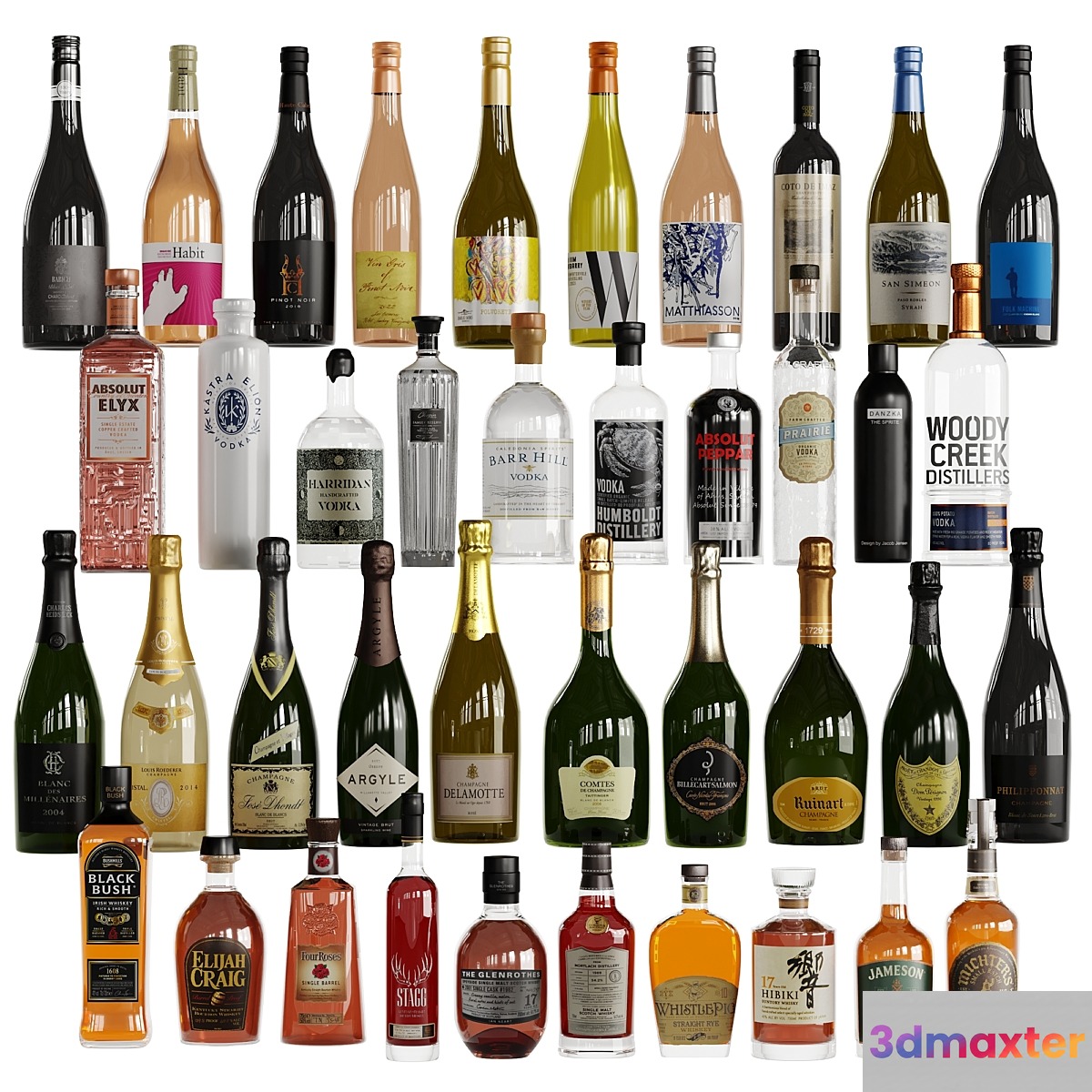 Bottles Vol 6(40 Champagne Whiskey vodka and Wines) 3D Max