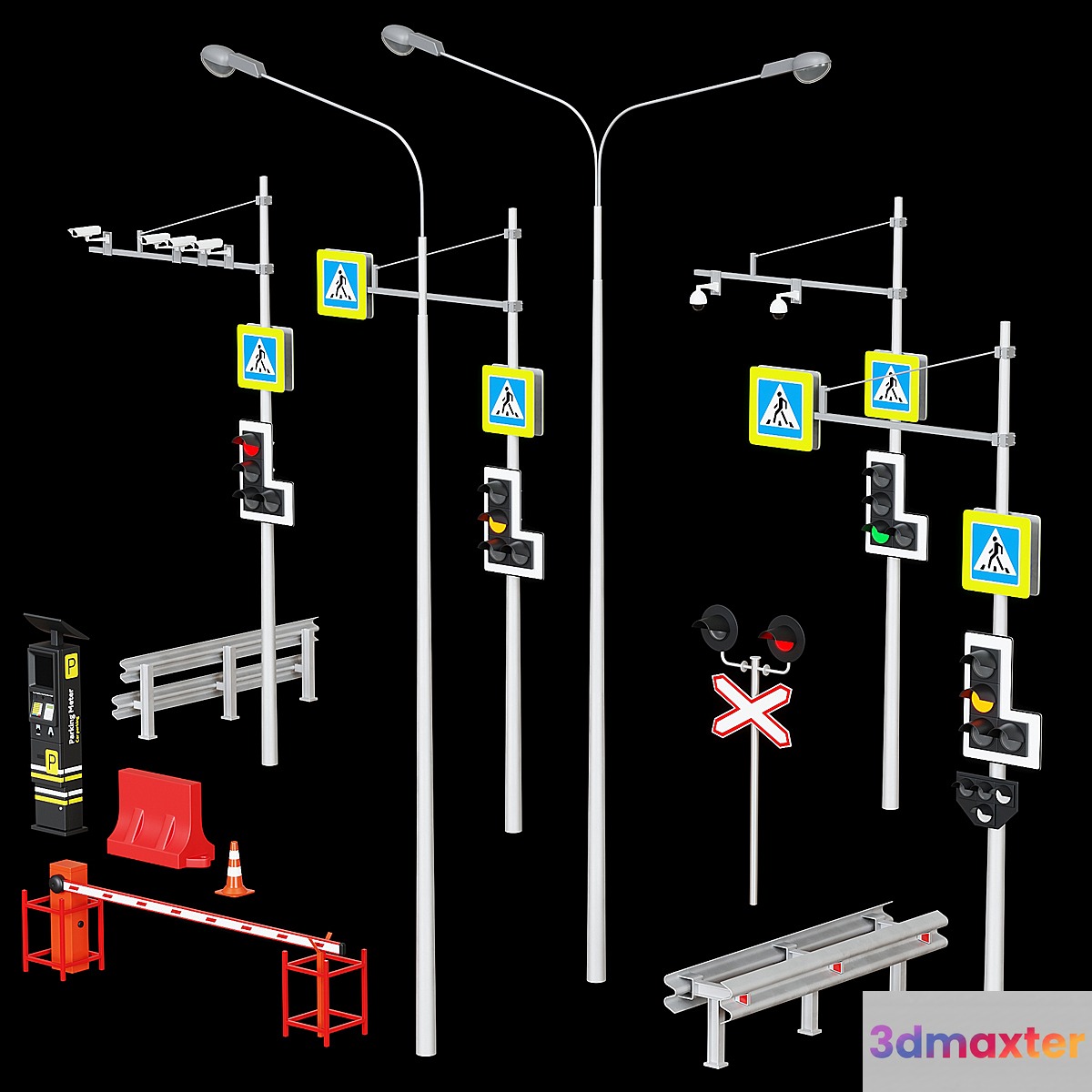 Road elements. Fences traffic lights cameras parking meters. 3D Max