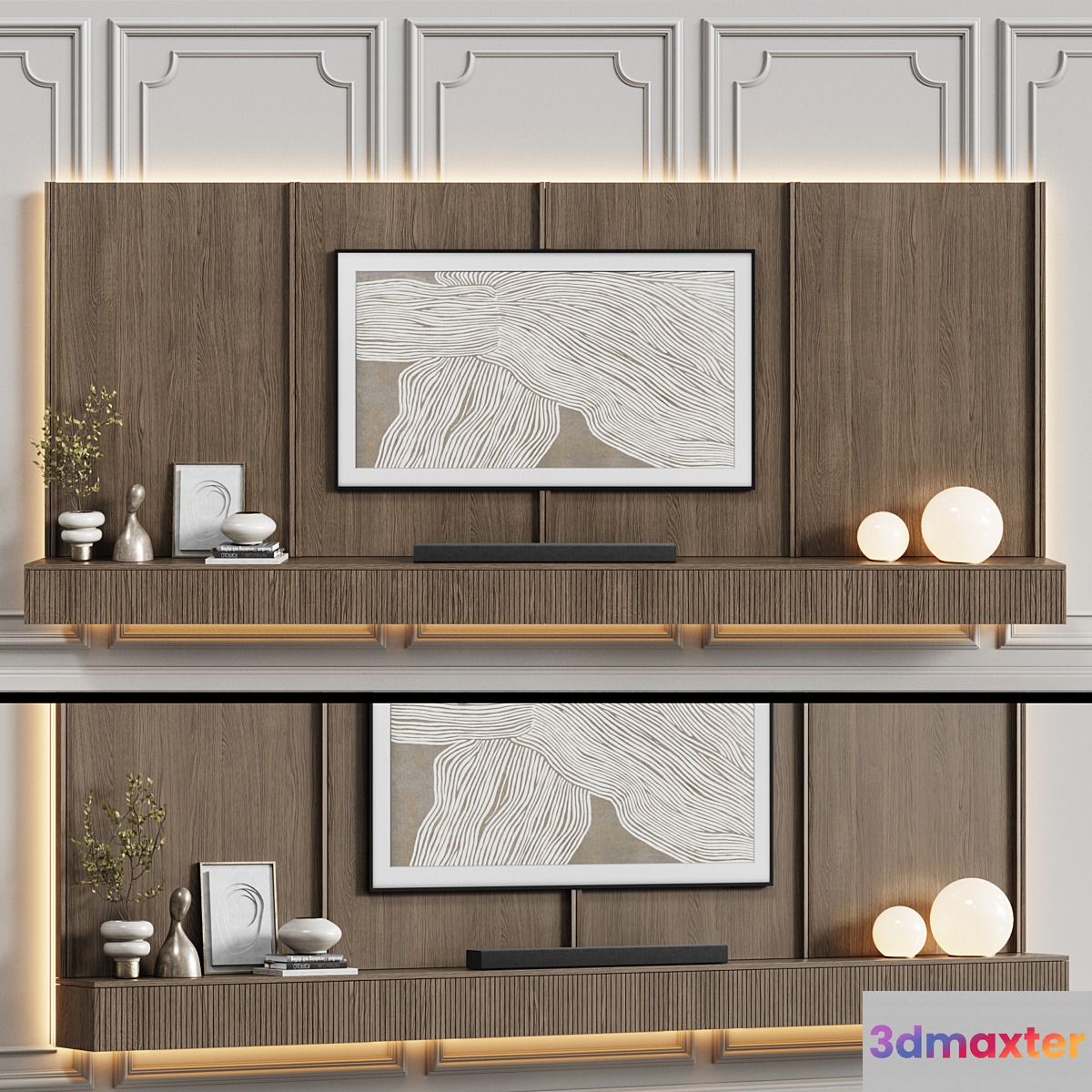 TV wall in neoclassical style with decor 08 3D Max