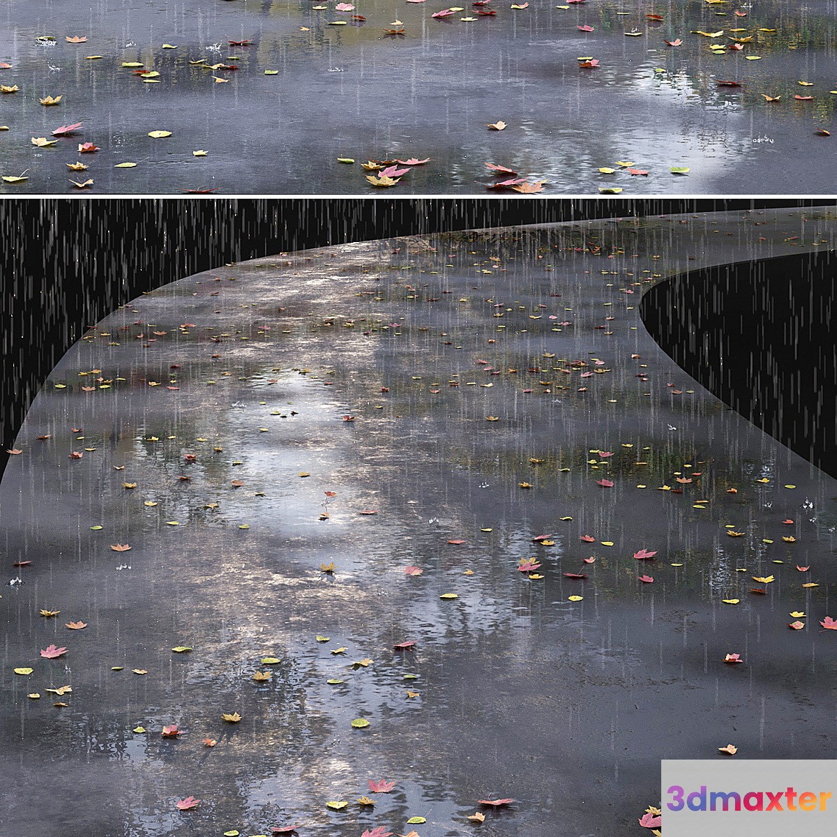 Autumn road with leaves and puddles - No.2 3D Max