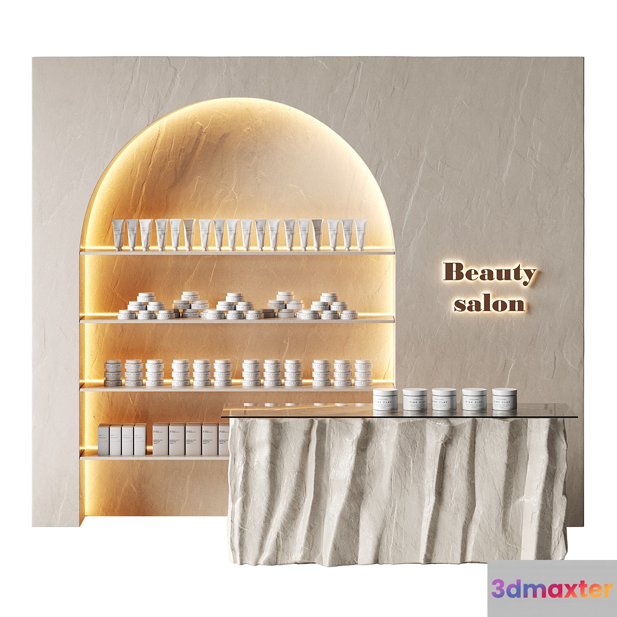 Beauty salon cosmetic set with arch in beige and natural rock 3D Max