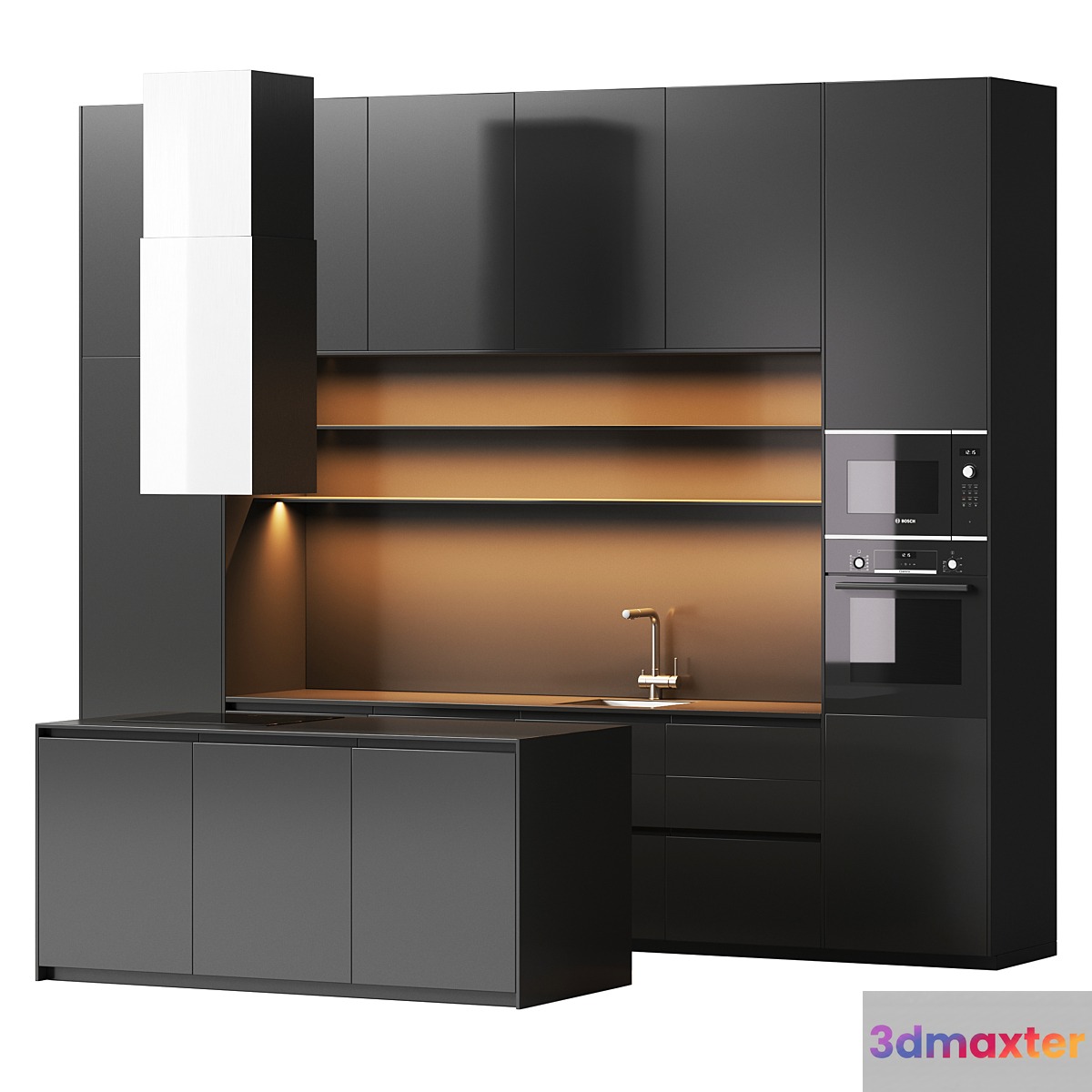 Black minimalist kitchen 3D Max