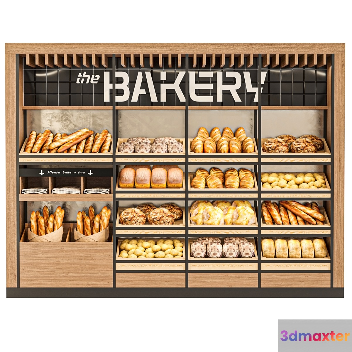 Showcase with bread and pastries. Bakery 3D Max