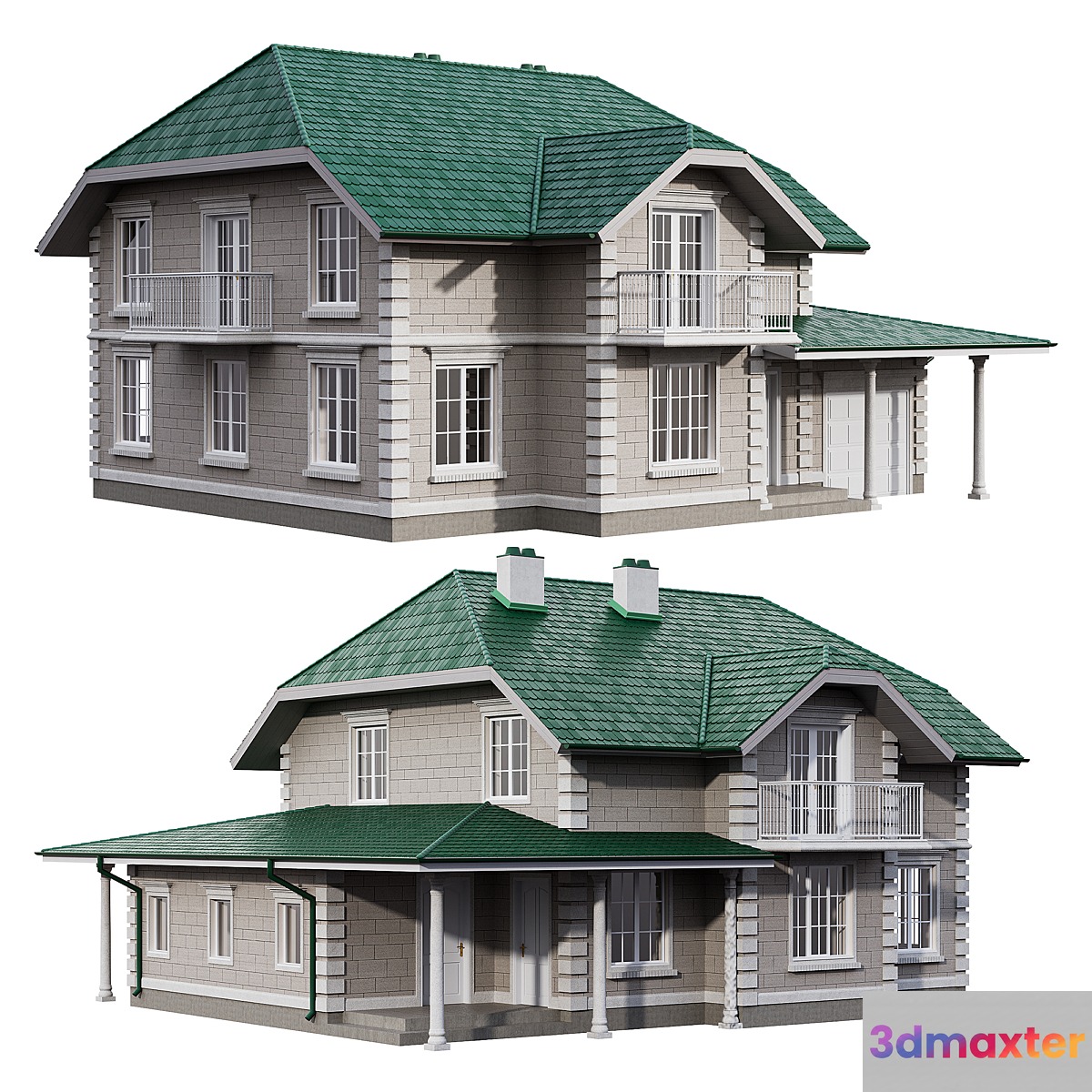 Two-story house in a classic style with facade stucco and columns - No.2 3D Max