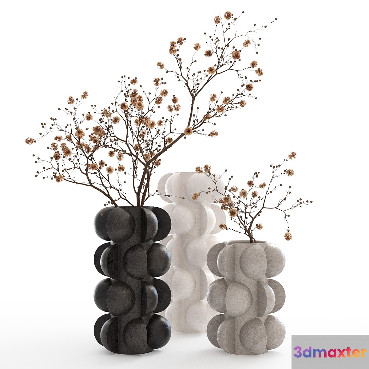Dry branches in vases with spheres. 3D Max