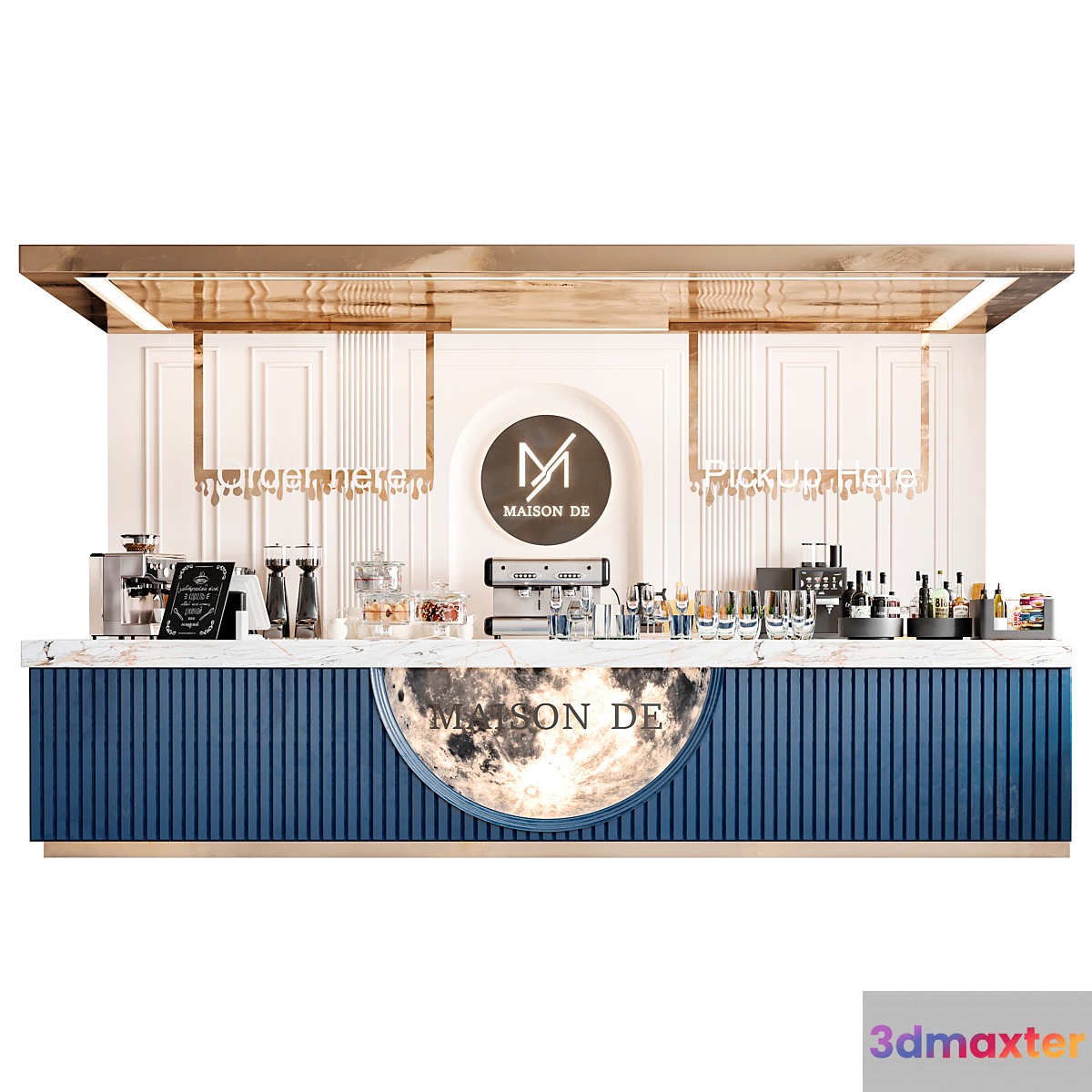 Coffee point in a classic style with a coffee machine and desserts 3D Max