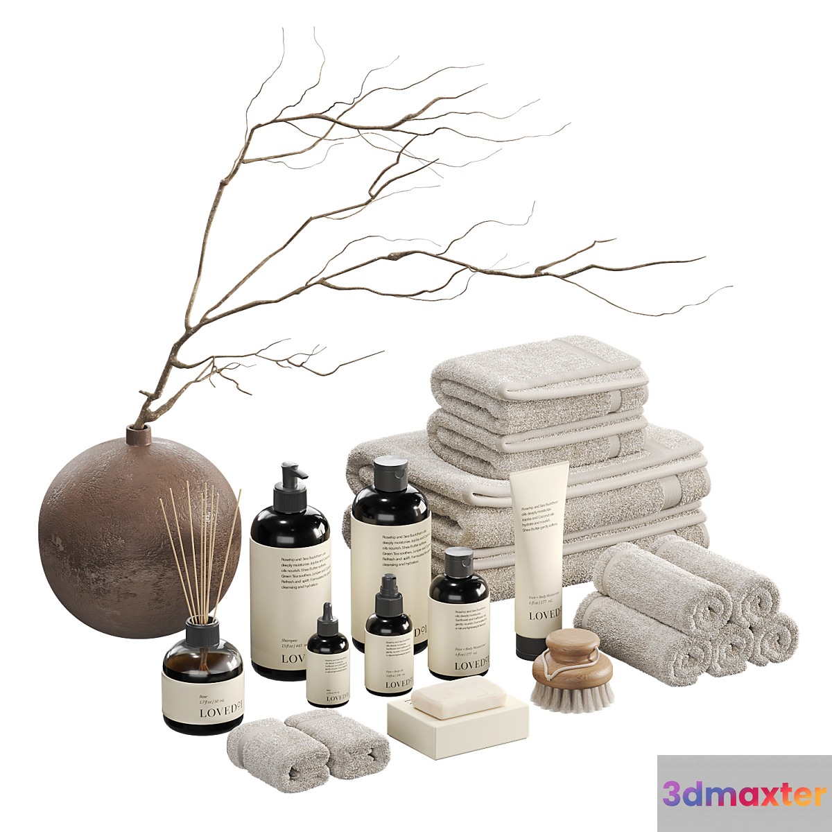 Decorative set with towels and branch 002 - No.2 3D Max