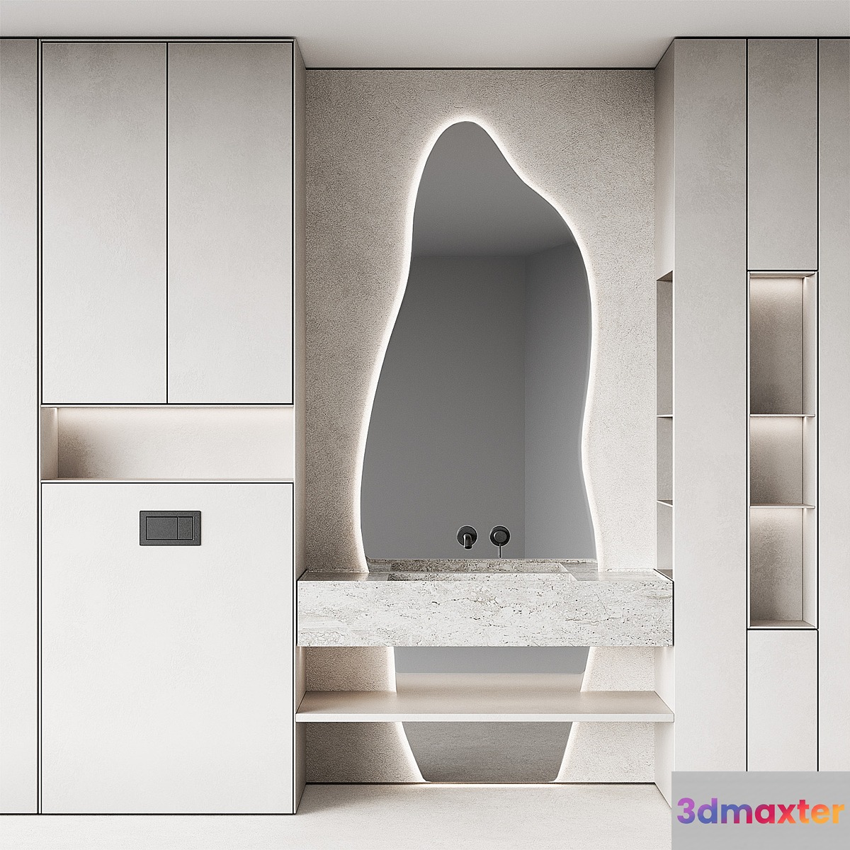 Bathroom furniture set 8. Monochrome grey. Curved mirror shape. Stone sink. Wall-mounted faucet. - No.2 3D Max