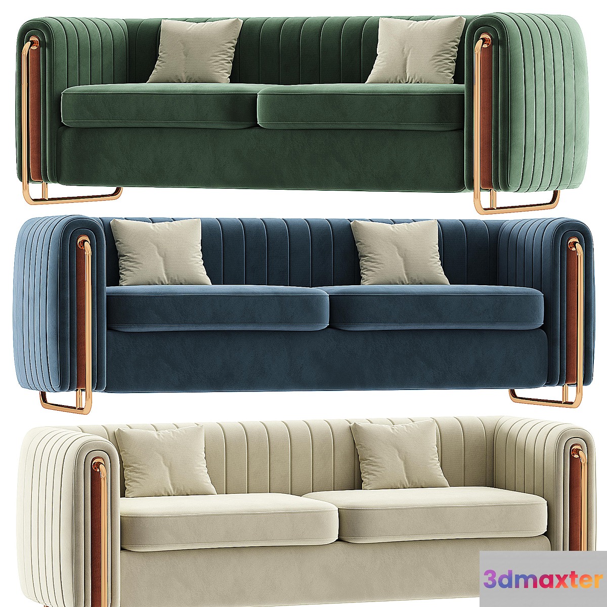 Modern Velvet Sofa Channel Tufted Arms and Back Green 3D Max