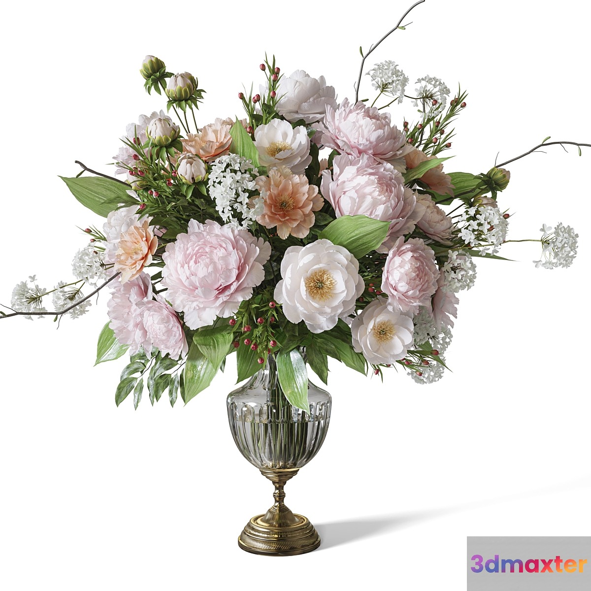Flower Set 071 peonies gold crystal vase 3D Max