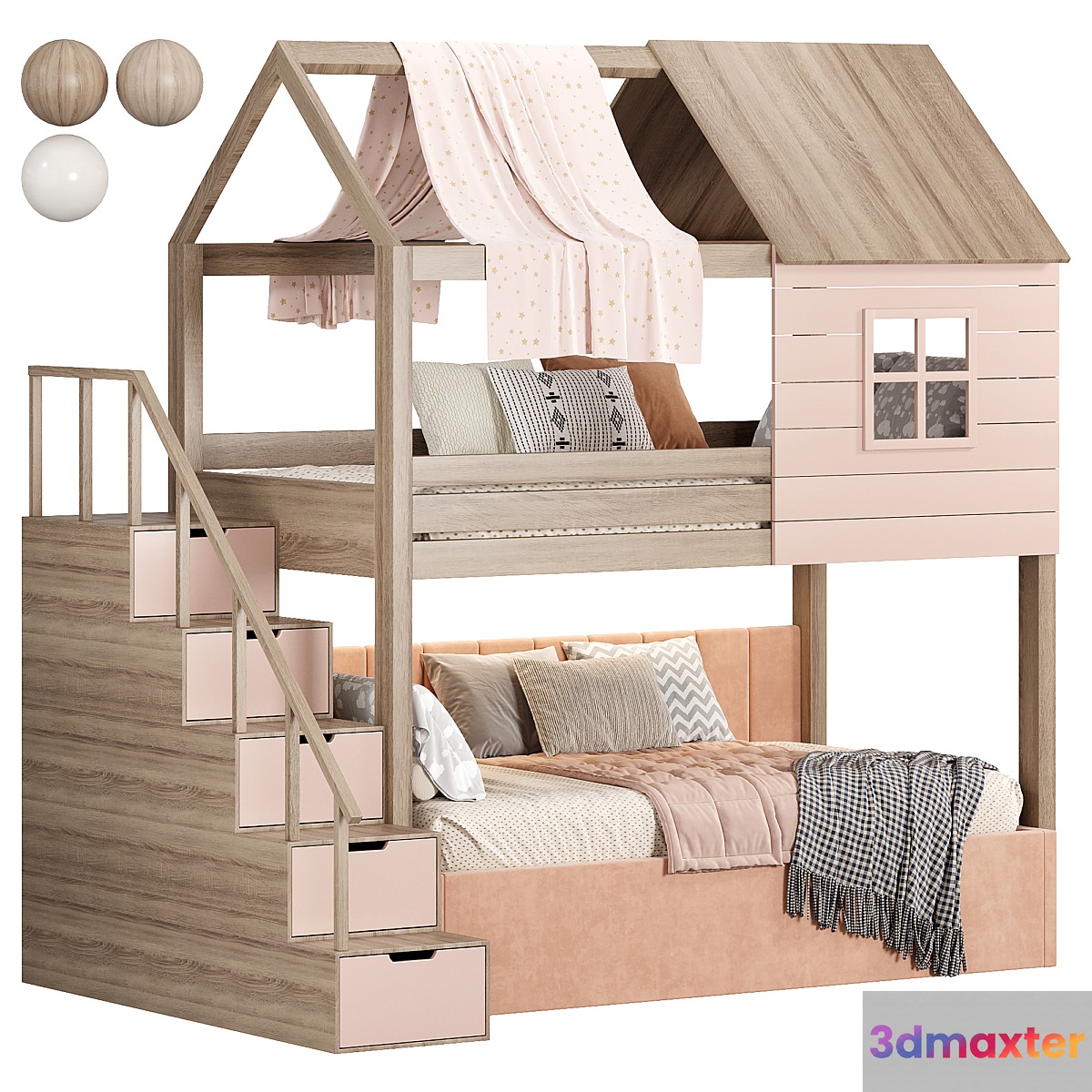 Solid wood bunk bed for children 3D Max