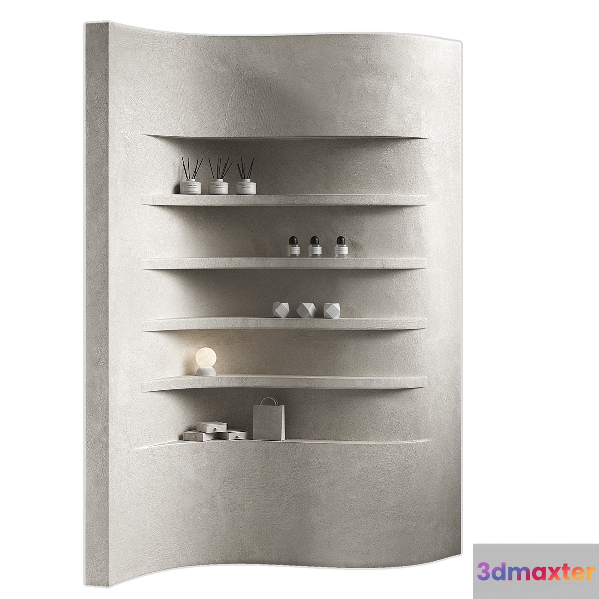 Wavy shelves 3. Rack shelving with decor. Corner wall partitions with niche. 3D Max